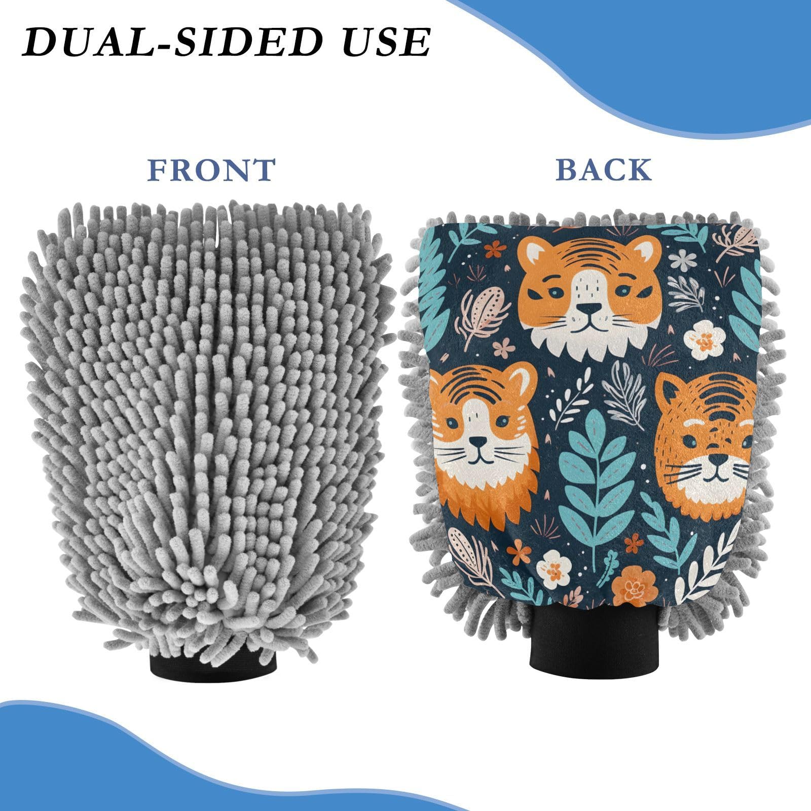IOACIY Absorbent Microfiber Car Wash Drying Mitts, 2 Pack, Scratch-Free & Lint-Free, Rich Foam, Highly Absorbent, Double Sided, Wash Mitt Perfect for Car Washing, L, Cute Tiger (5)