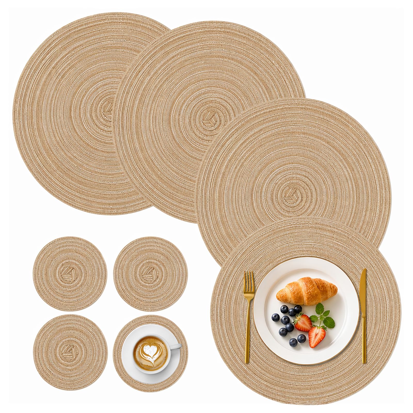 KASURE 8 Pieces Round Placemats Set, 30 cm Placemats(4) and 11 cm Coaster(4), Round Braided Woven Place Mats, Easy Clean Heat Resistant and Non Slip for Kitchen Dining Table Home Restaurant, Khaki