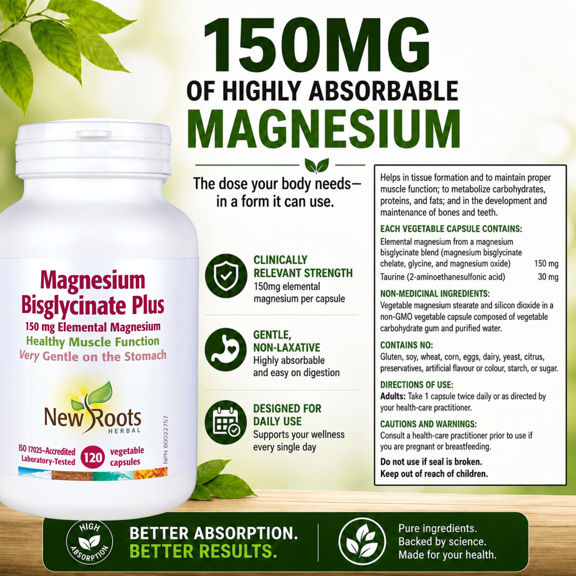 New Roots Herbal Magnesium Bisglycinate Plus, 120 Veggie Capsules 60-Day Supply - 150mg Elemental Magnesium, Supports Active Living, Non-GMO, Gluten-Free, Gentle on Digestion with Superior Absorption — Amazon image 5