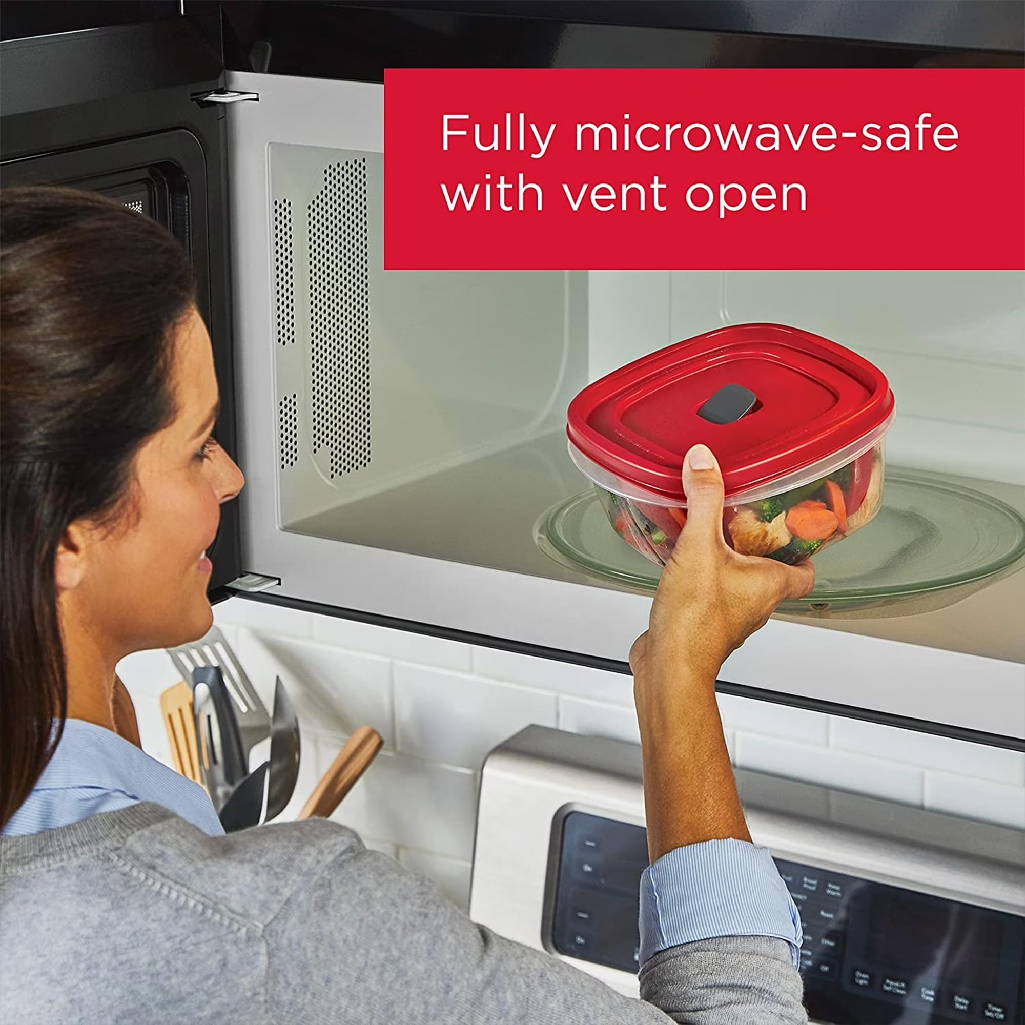 Rubbermaid 42 recipientes de almacenamiento de alimentos con tapas | Organización de cocina apilable de plástico transparente con cubierta ventilada para microondas
