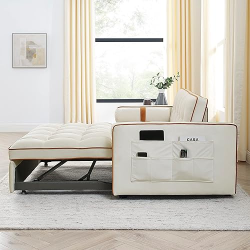 Miniatura 5 de Sofá cama extraíble, color beige de 38.5 pulgadas de ancho + bolsillos laterales y almohadas lumbares