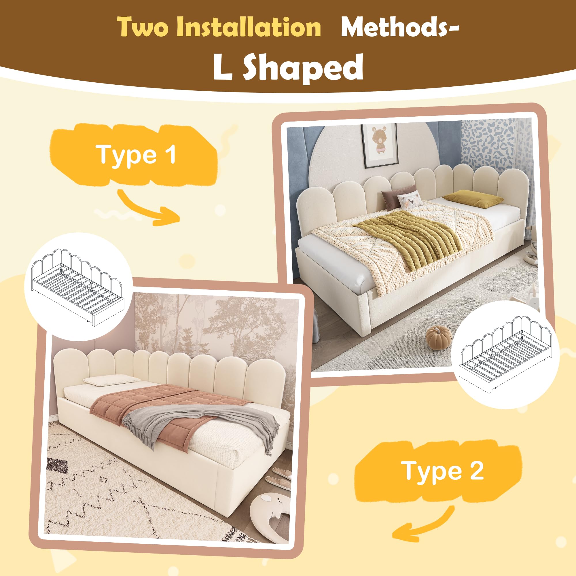 Zepneiy Letto 90 x 200 cm con letto estraibile da 90 x 190 cm, divano letto con lati intercambiabili, letto imbottito con doghe, culla da 90 x 200 cm, in velluto beige (senza materasso)