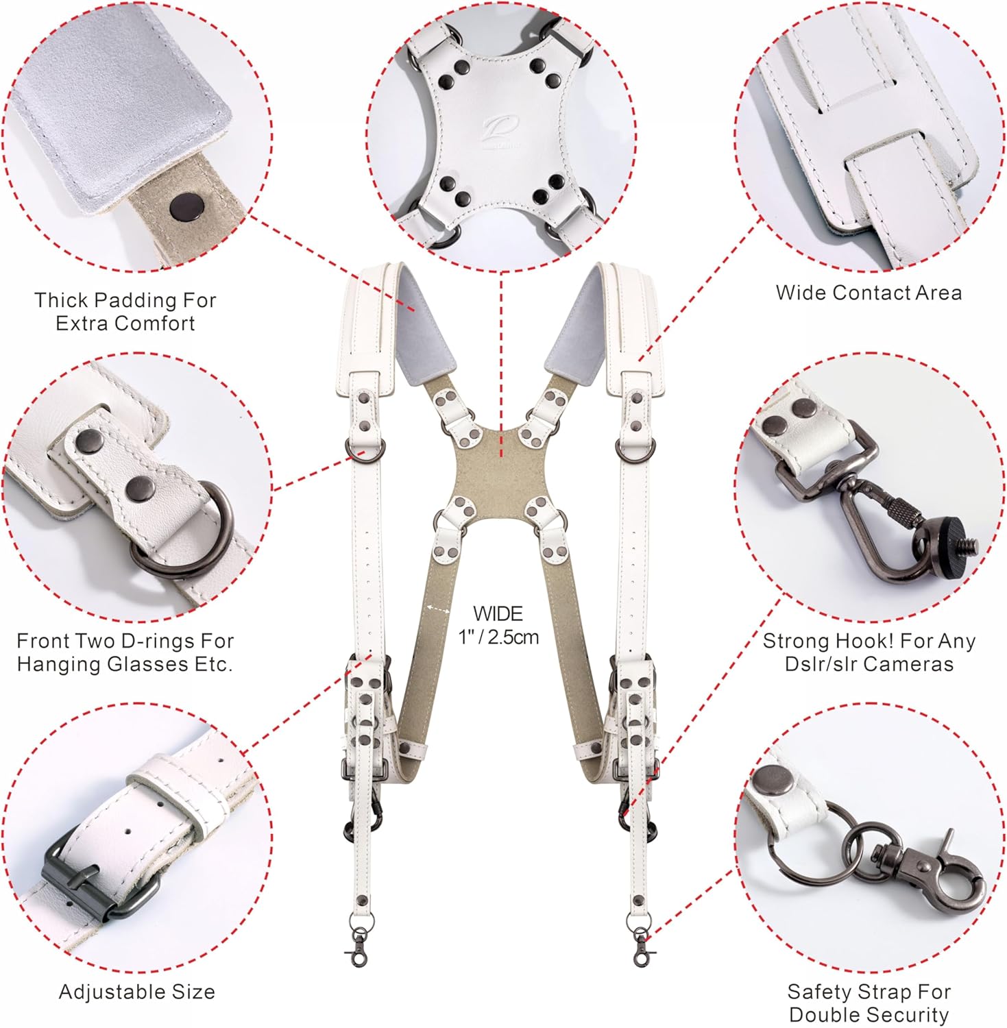 Padwa Lifestyle White Dual Camera Harness Strap for Two Cameras - Dual Shoulder Full Grain Leather Harness,Multi Double Camera Gear with Thick Padded,Double Camera Harness for Photographers