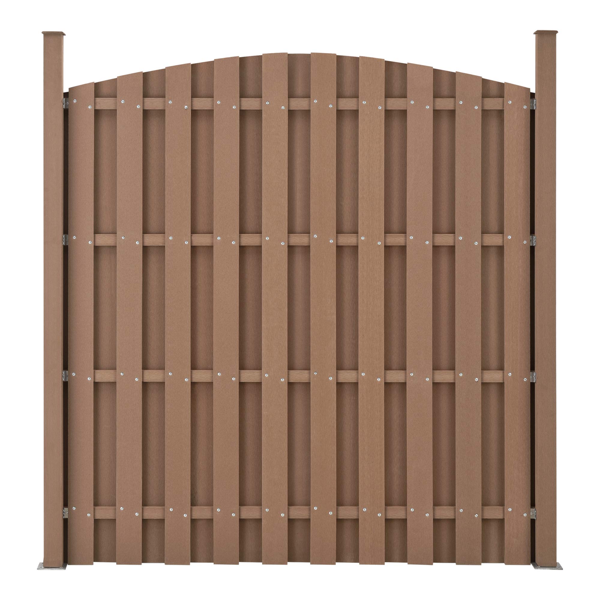 NEU.HOLZ Steccato ad Arco per Giardino Staccionata con Doghe e 2 Colonne in WPC Legno Composito Recinzione a Forma Curva con Base in Acciaio 185 x 193 cm - Marrone