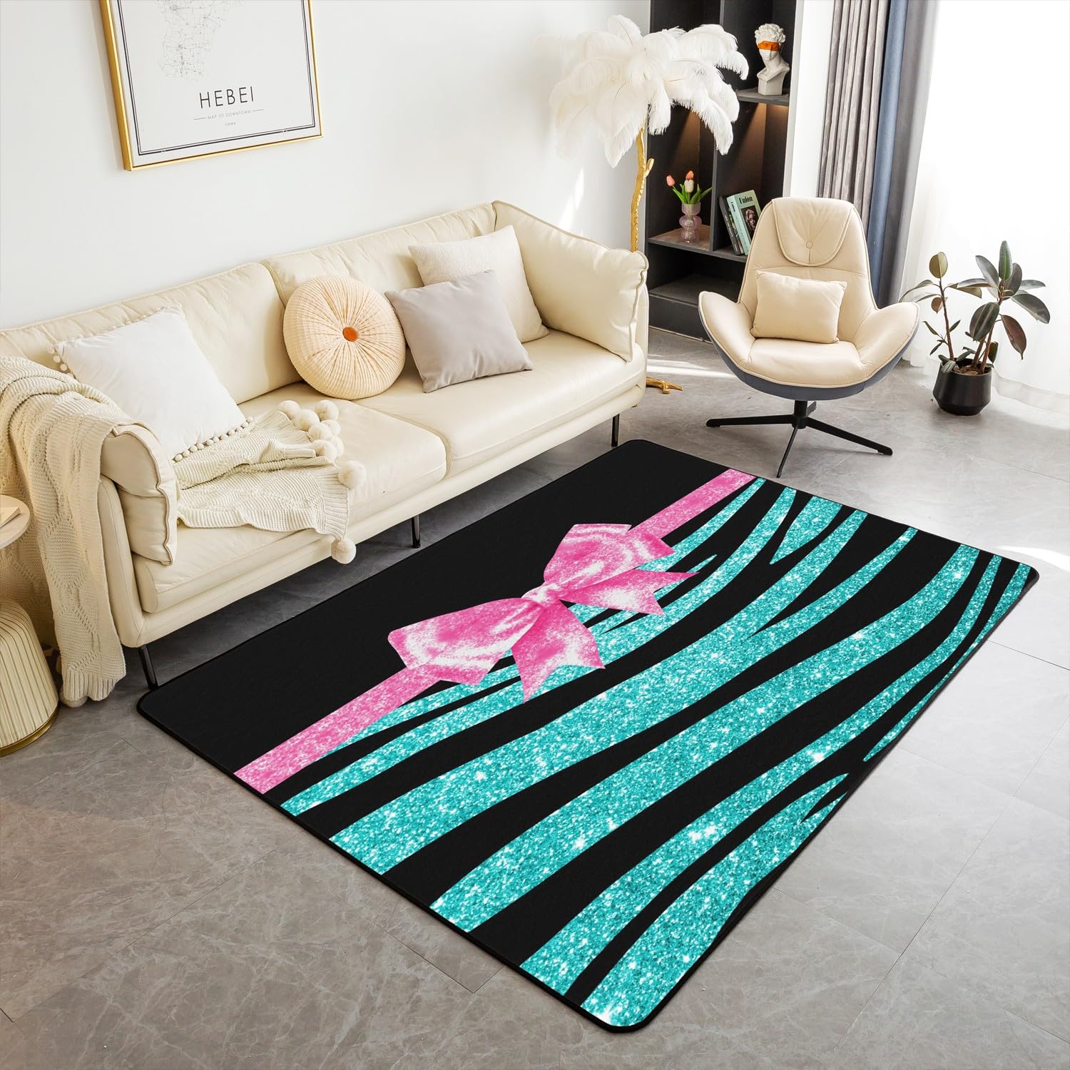 Dywaniki do salonu, niebieski, brokatowy nadruk, 100 x 150 cm, różowa kokardka, dekoracja do salonu, w paski, dekoracyjny dywan, dla chłopców, dziewcząt, dzieci, dorosłych (bez brokatu)