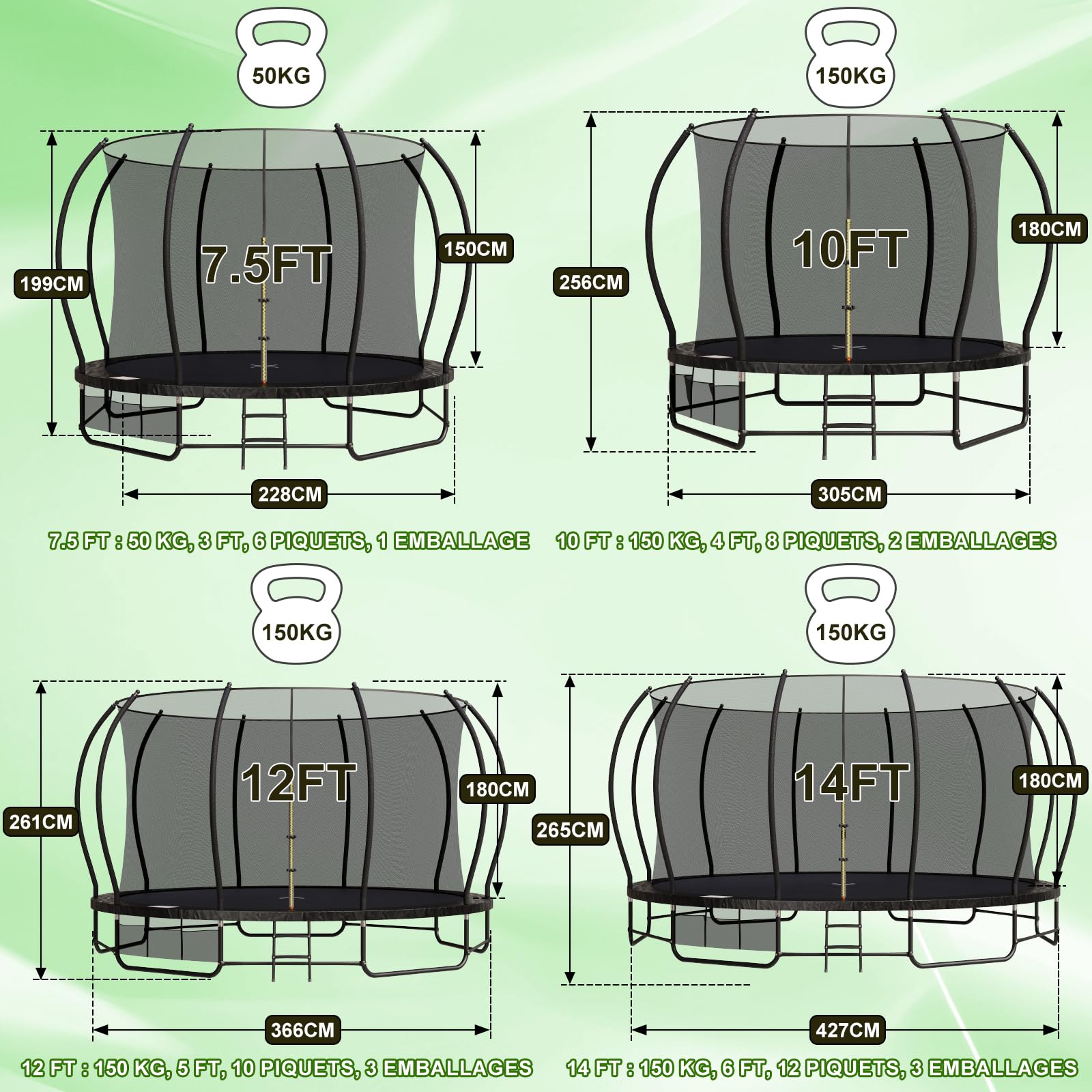 Devoko Trampoline Extérieur Ø228/305/366/427cm, Traverses de Jambe renforcées, Structure Stable et Robuste, Charge Max 160kg, Construction Monobloc, Installation Rapide, Adapté aux Enfants et Adultes