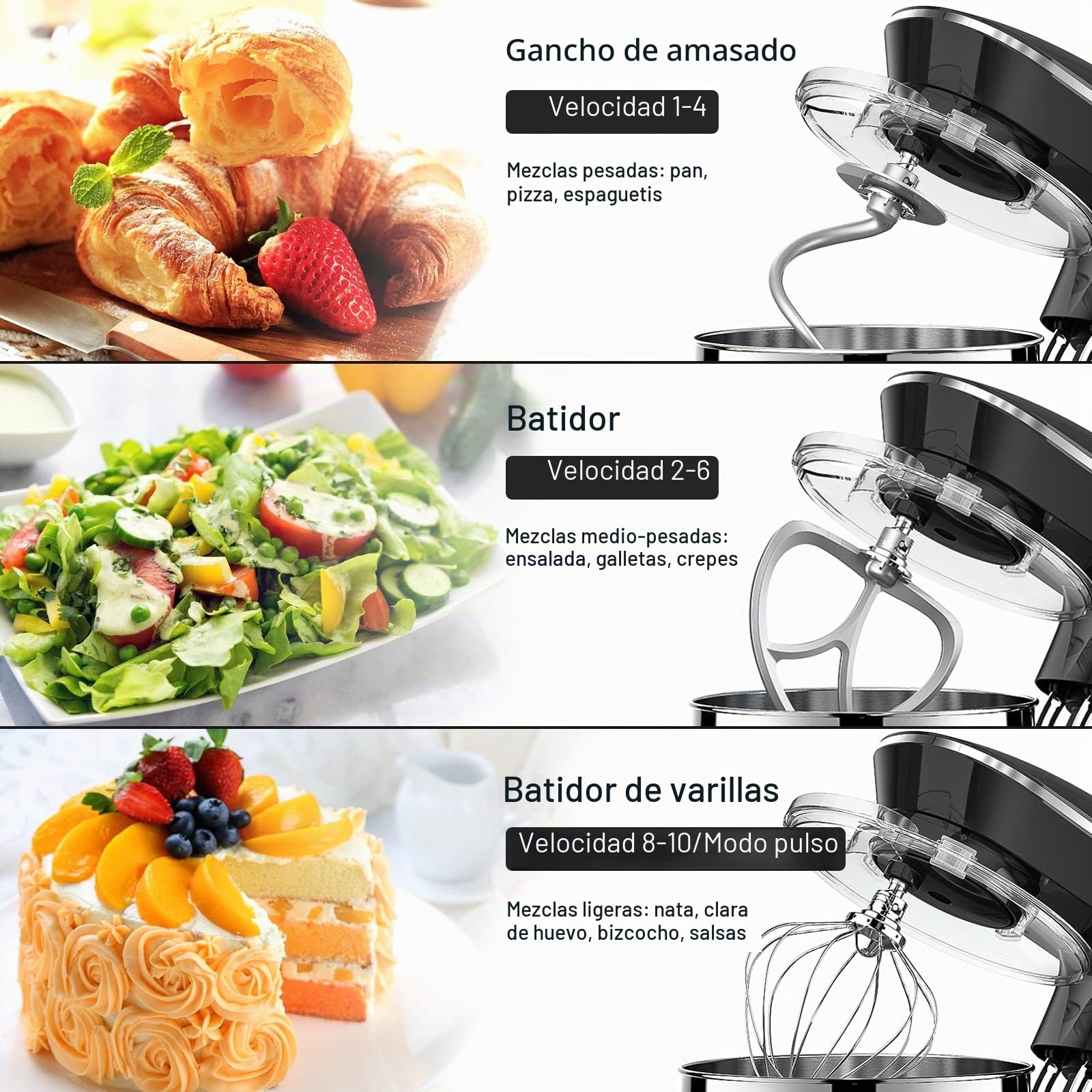 Batidora Amasadora Vezzio 8.5L Repostería Profesional 1500 W 6 Velocidades Robot de Cocina Batidora Multifunción Bajo Ruido Bol de Acero Inoxidabl, Amasador, Batidor y Varillas (Black)