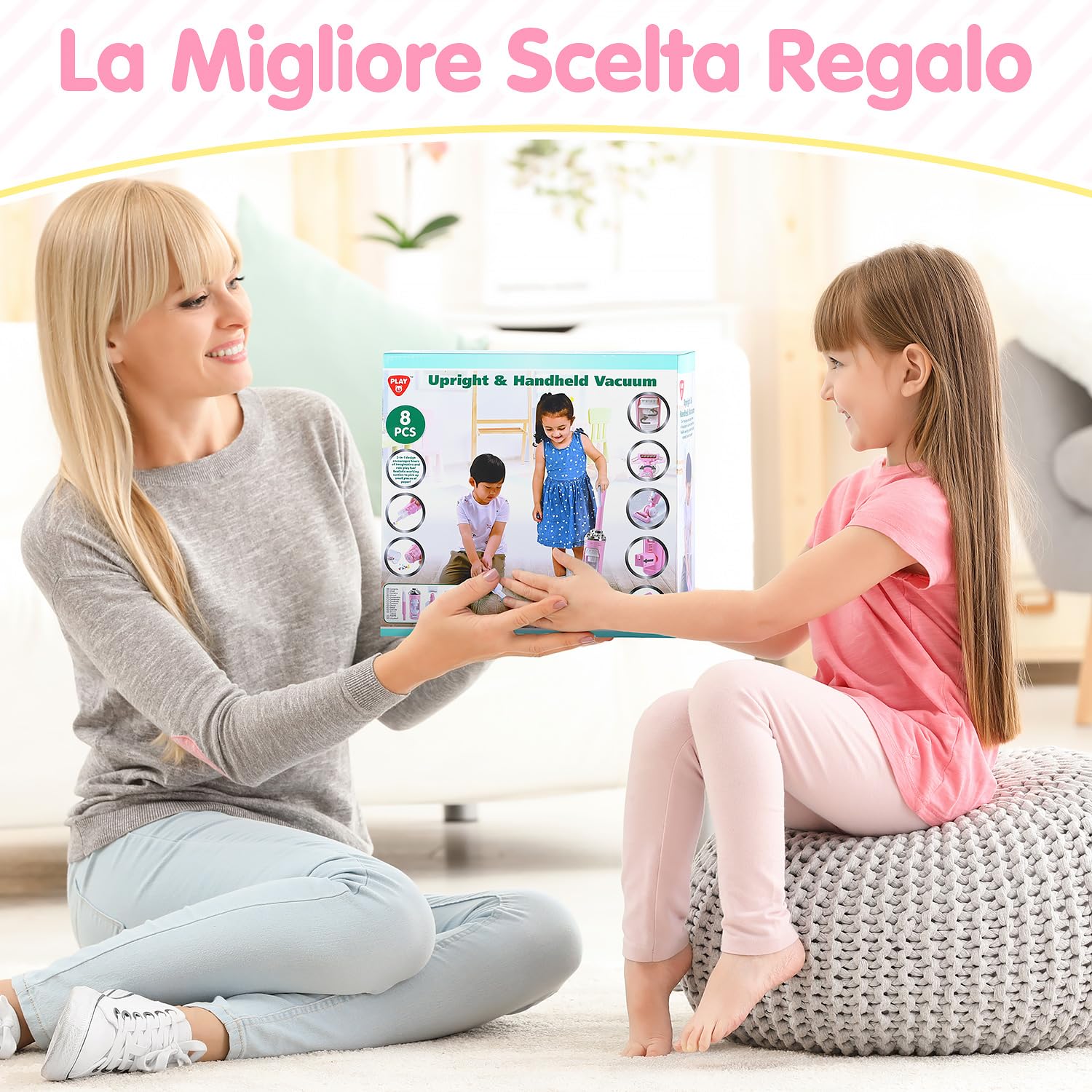PLAY 2 in 1 Aspirapolvere Giocattolo Bambini, Aspirapolvere Funzionante con Particelle EVA, Effetto di Aspirazione e Suono Realistico, Set Pulizia Giocattolo per Bambini 3+ Anni (Rosa)