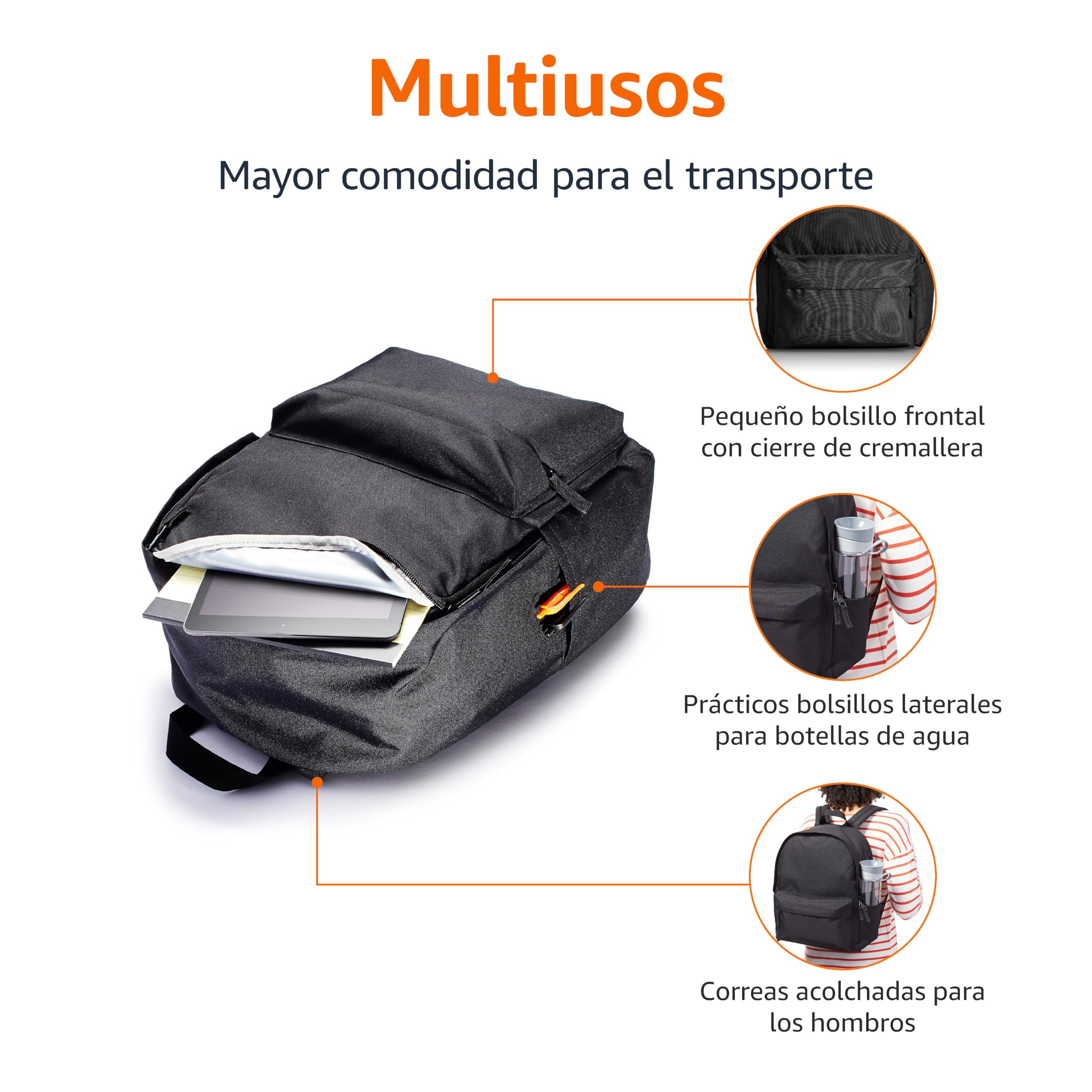 Amazon Basics Mochila Clásica Escolar, Negro, 1 Unidad
