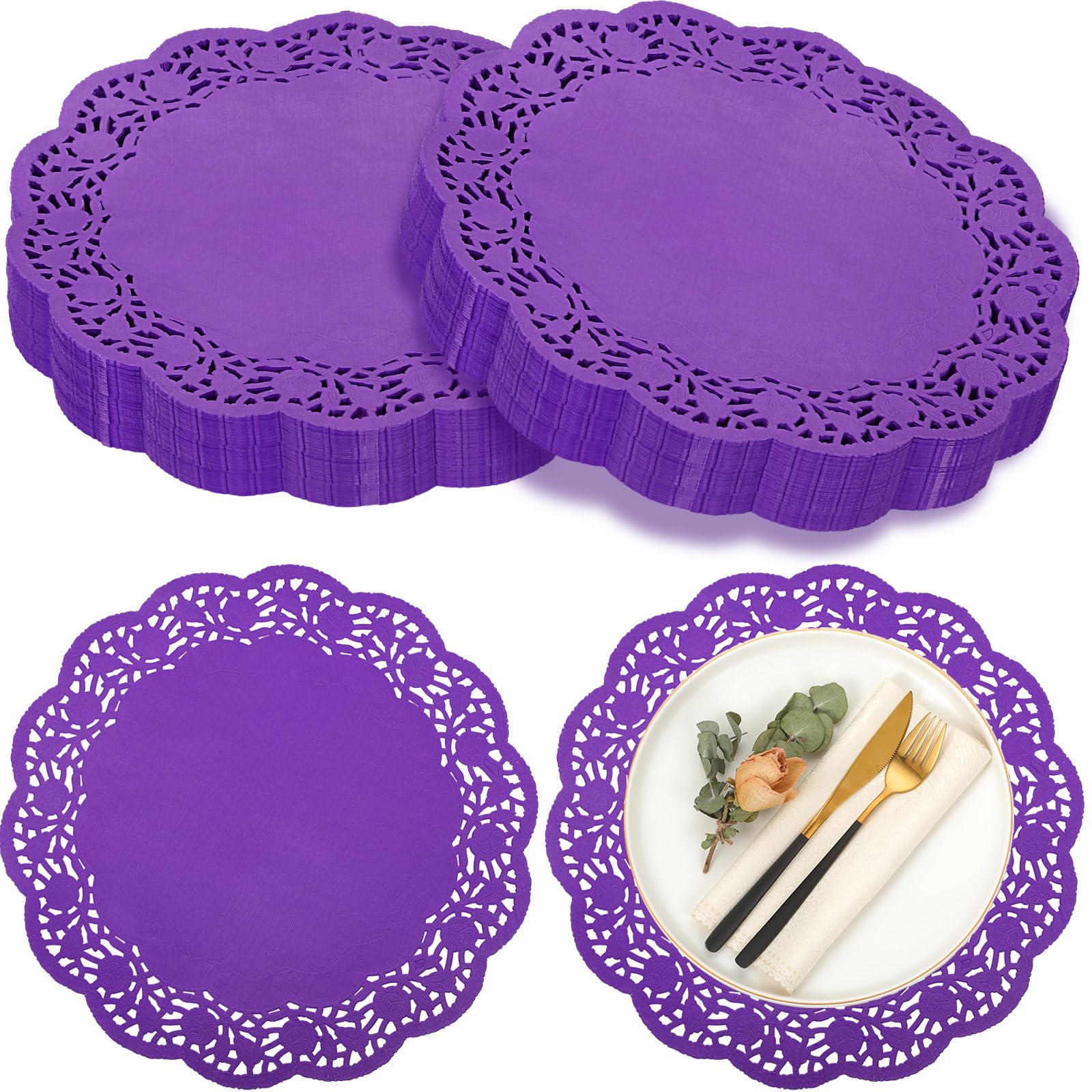 Yexiya 200 unidades de blondas de papel de encaje desechables de papel de aluminio de encaje, manteles individuales para pasteles, manualidades, decoración de bodas (morado, redondo)