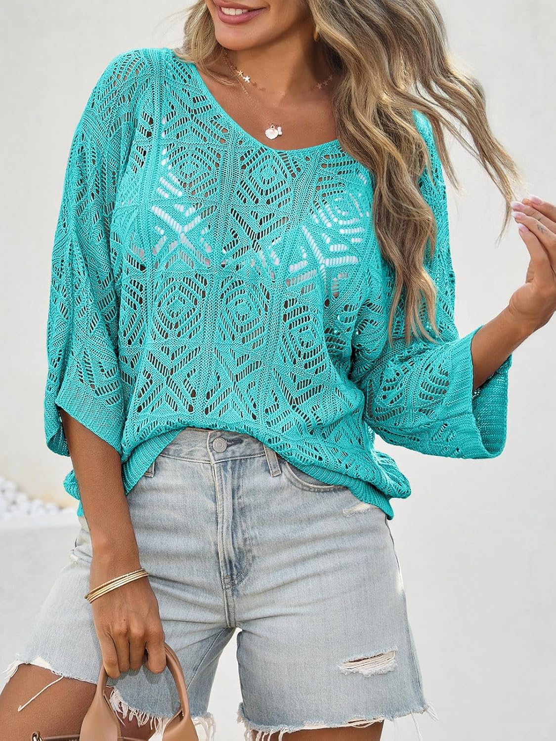 Saodimallsu Womens Crochet Cover Up Top Summer 3/4 Sleeve Off Shoulder Sweater Shirts Mesh Boho Beach Swimsuit Coverup - Image 2