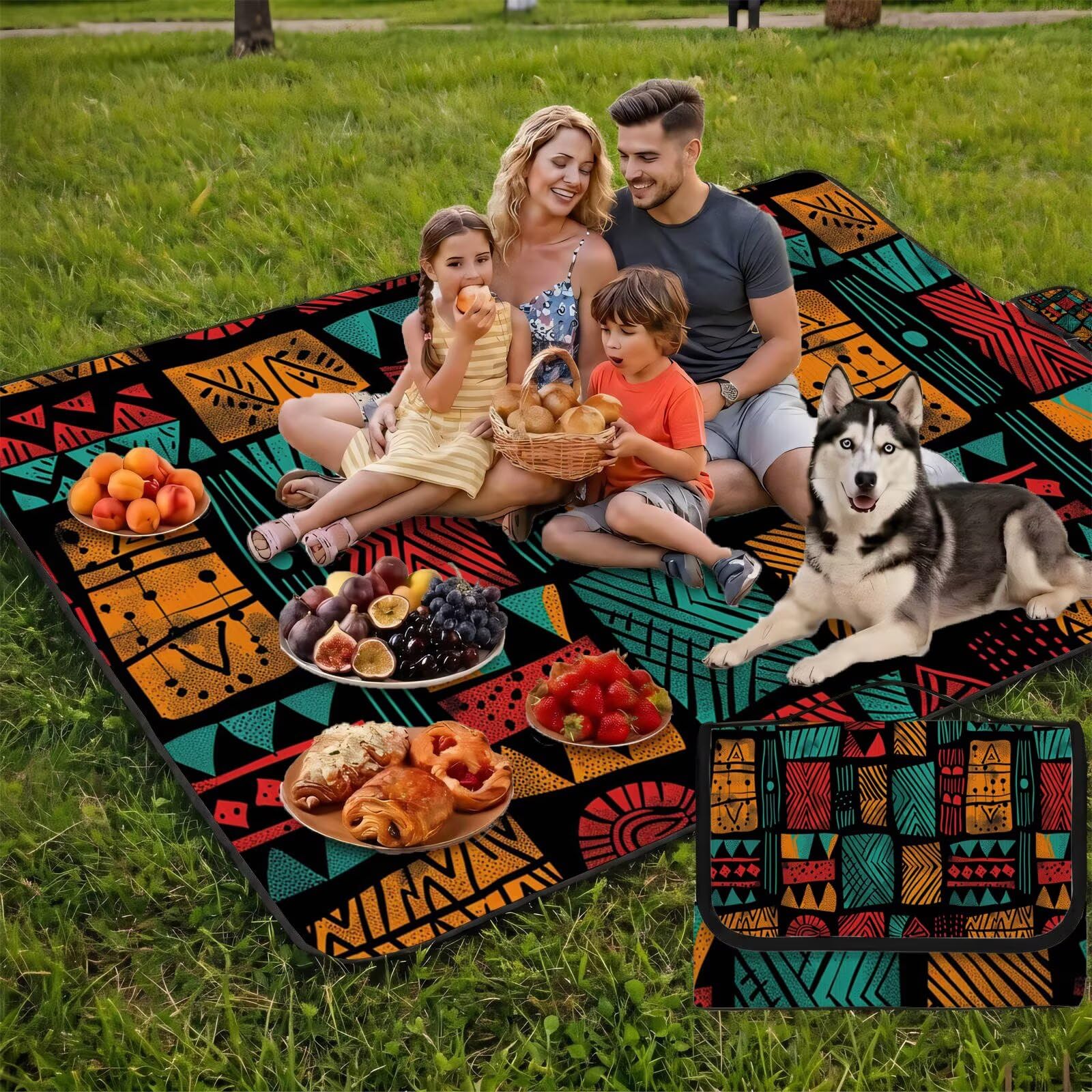 Couverture Pique Nique Grande 200x300cm,Outdoor Couverture Imperméable,Pliable Tapis de Plage Dos en PVC Anti-Sable,Picnic Blanket pour Camping Accessoires,Jardin,Parc,Famille - Patchwork,rétro UZ-832