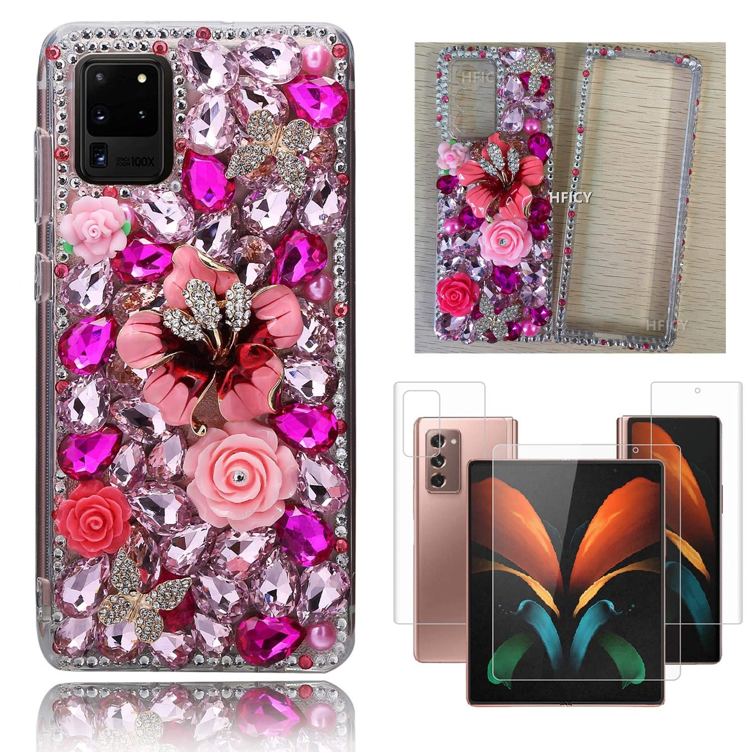 HFICY Diamonds Designed for Samsung Galaxy Z Fold 2 Case (2020) Hard Protective Phone Case Beauty Shiny Sparkling Cover for Girls Women (Pink Flowers Butterflys)
