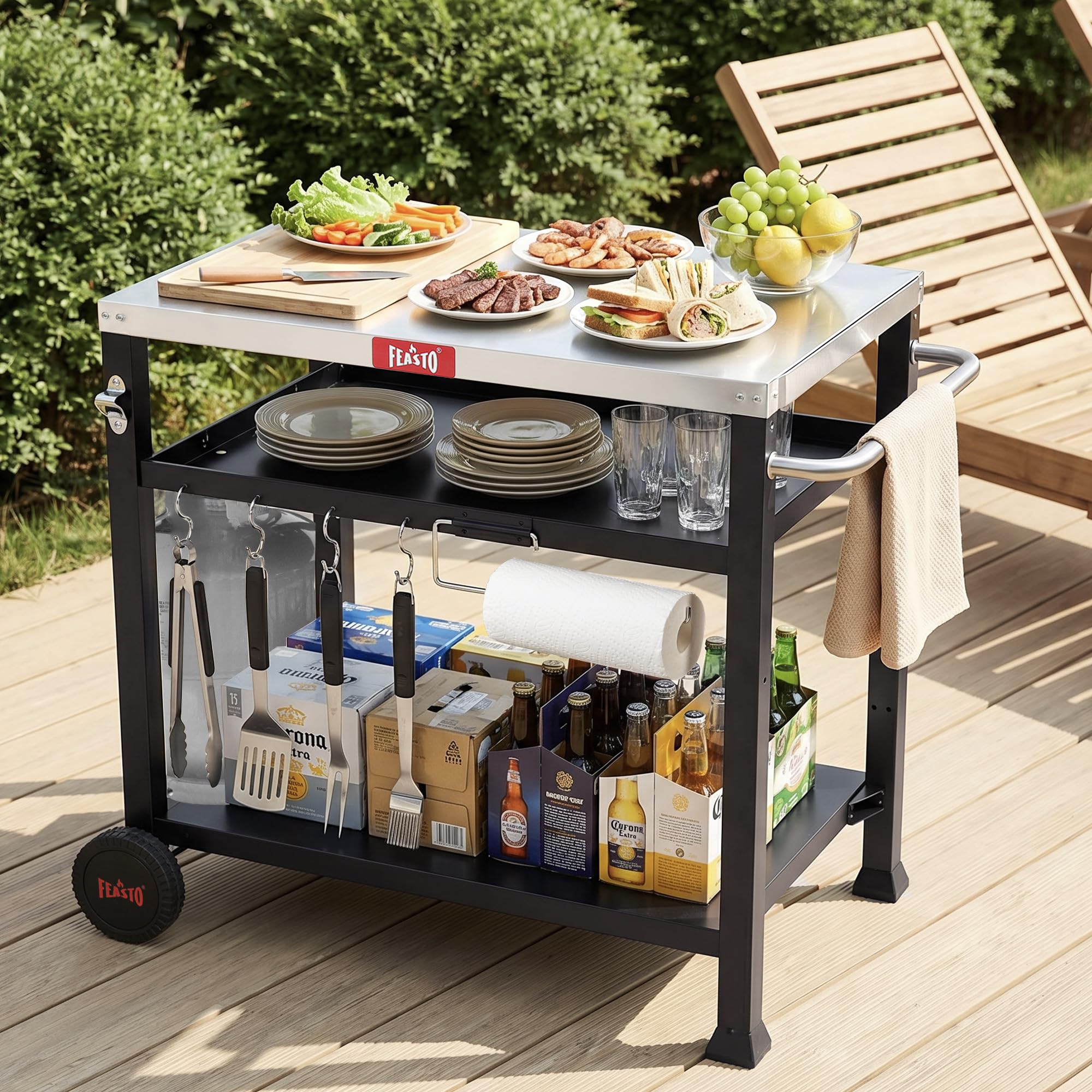 Feasto Grillwagen Outdoor 3 Etagen, Multifunktionaler Grilltisch mit Edelstahlplatt, Griff, Rollen, Ideal für Küche, Terrasse, Balkon und Buffet, 95x64x84cm, Schwarz