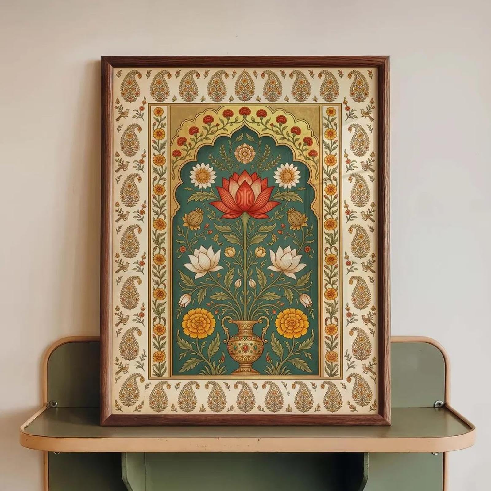 Baibexing Lotus Flower Vintage Mandala Canvas Painting Wall Art Poster, Indian Botanical Print, Traditional Floral Illustration, Boho Home Decor A5 21X30Cm Unframed