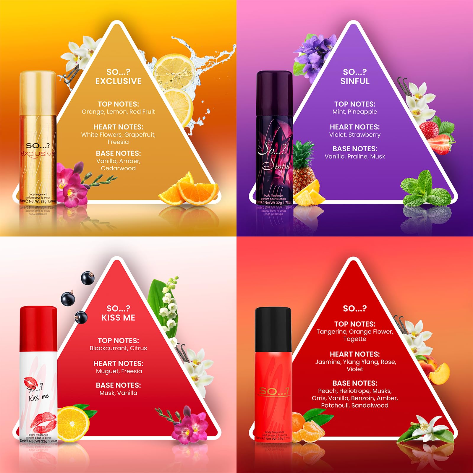 SO…? Damen Galore Body Mist Geschenkset Mixed Bundle Body Mist by So…?, Mädchen Körperspray Geschenkset, Reisegröße Duft (4 x 50 ml) 5 Stück