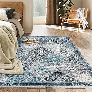 KILOCOCO 4x6 Moroccan Super Soft Area Rug, Vintage Floral Washable Living Room Rug, Print Faux Wool Indoor Non-Slip Accent Entryway Rug for Laundry Playroom Office, Blue/Multi