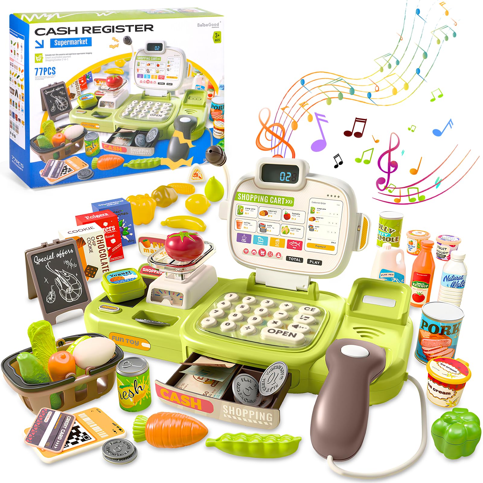 Jouets Caisse enregistreuse pour Enfants, 77 Accessoires, Cashier Cosplay Jouets avec Vraie Calculatrice Scanner Son et Lumière, Jouet Supermarché Jeu de Rôle pour Garçon Fille de 3+ Ans