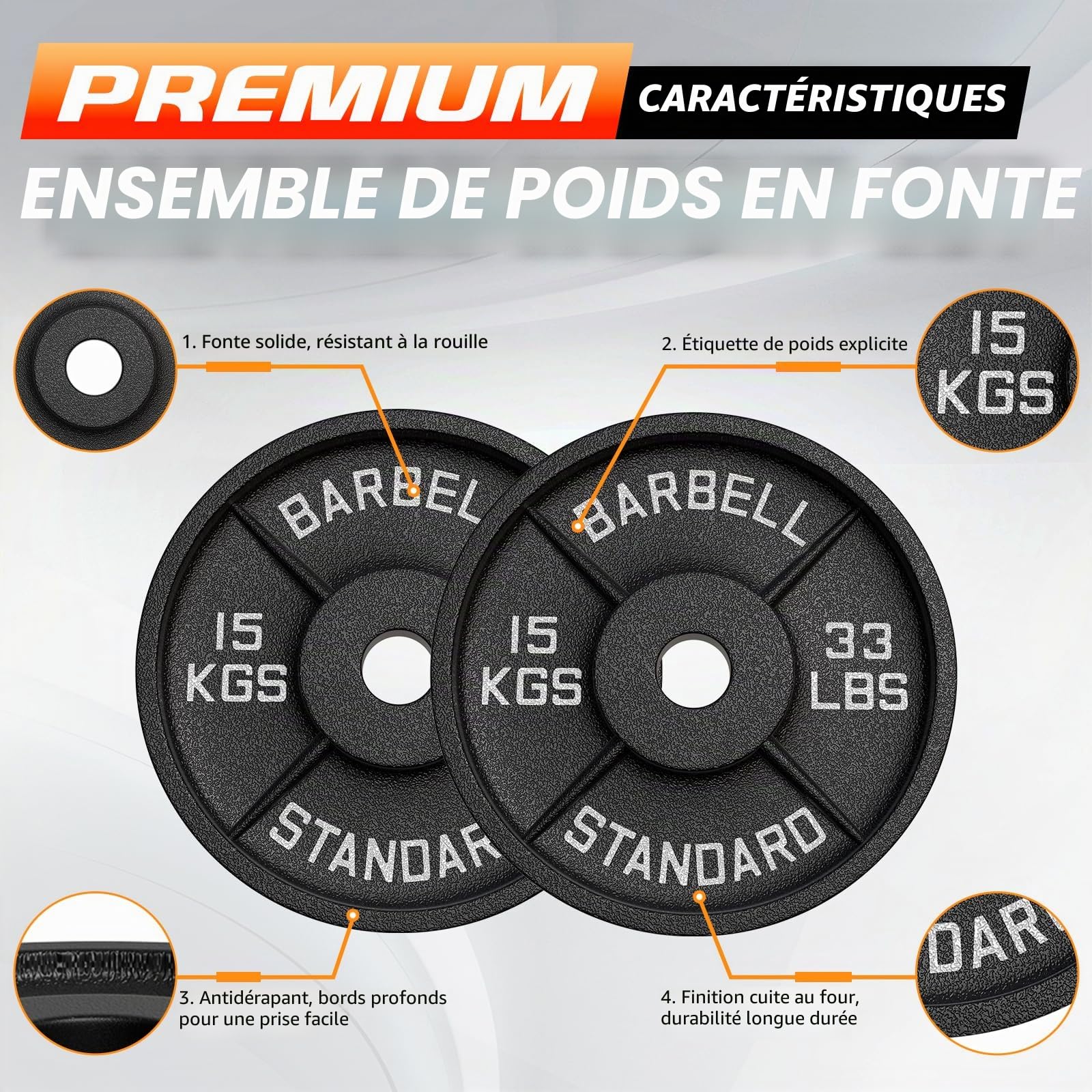 Disques de poids en fonte 10kg, 15kg, 20 kg au choix, Ensemble de disques d'haltères, Set de plaques avec alésage 50 mm pour Musculation et Haltérophilie