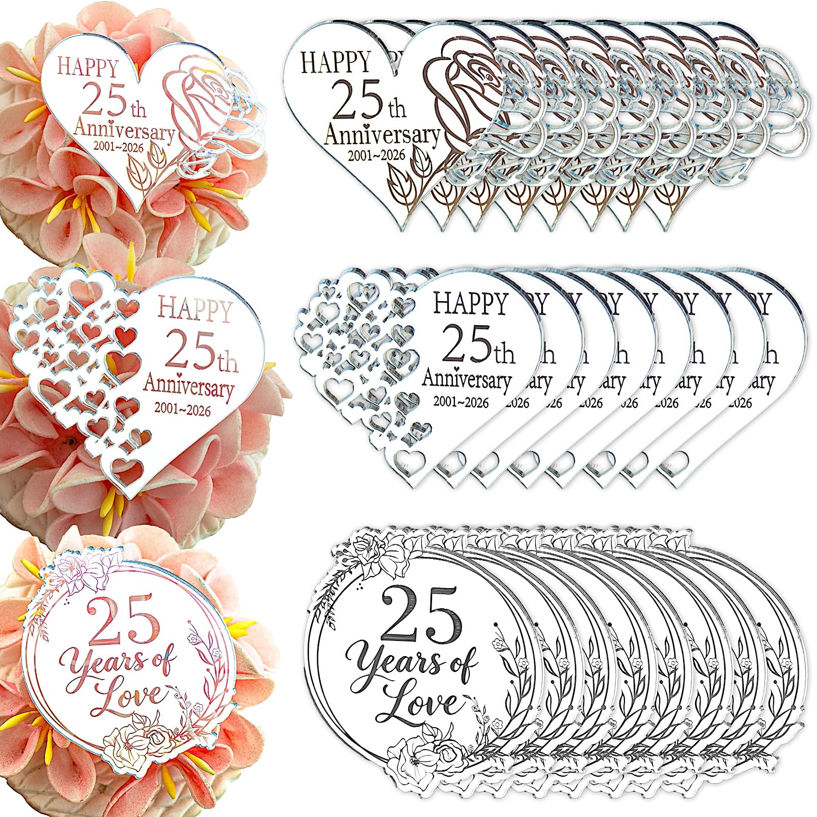 24 Pieces 25th Anniversary Acrylic Cupcake Toppers, Silver Mirror, Heart and Round Shapes,25 Years of Love