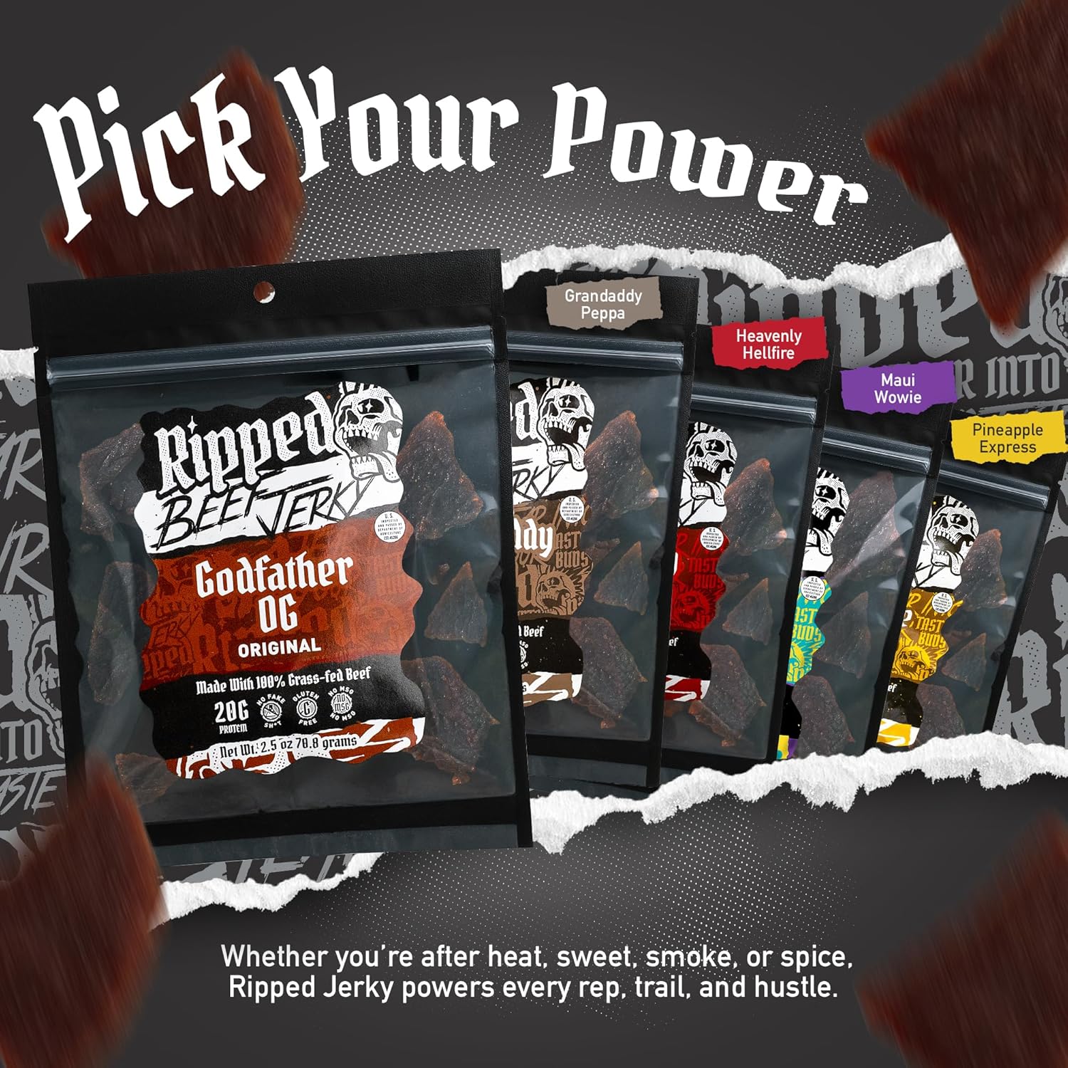 Ripped Beef Jerky - 100% Grass Fed Beef, 20g Protein, Real Ingredients, Gluten Free, No MSG, Made in USA (2.5 Ounce (Pack of 5), Variety Pack)