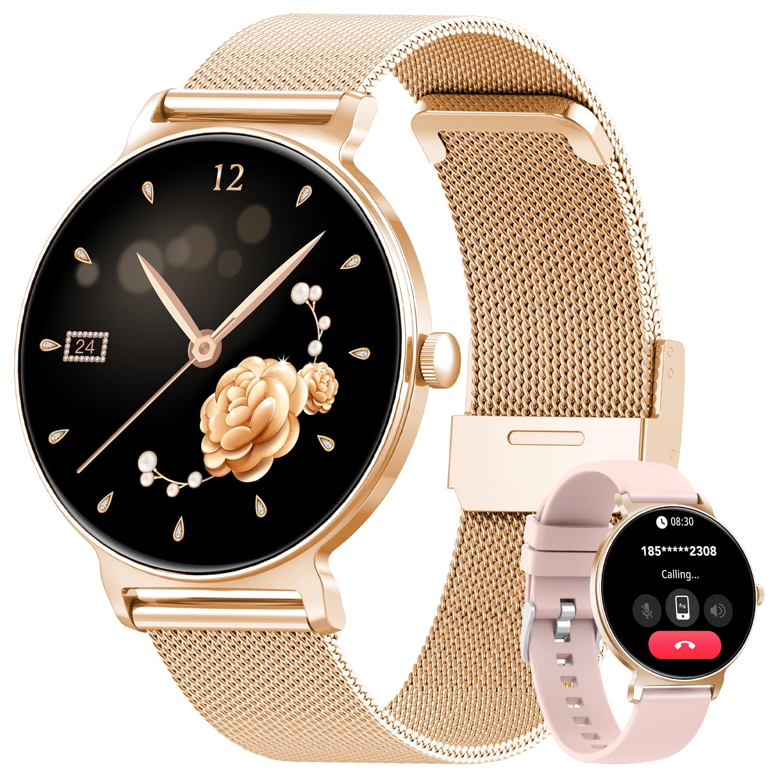 Smartwatch Damen mit Telefonfunktion, 1,27-Zoll AMOLED-HD Voll-Touchscreen Smartwatch, 120+ Sportmodi, IP68 Wasserdicht Fitness Tracker mit Herzfrequenz, Schlafmonitor für iOS Android, Roségold