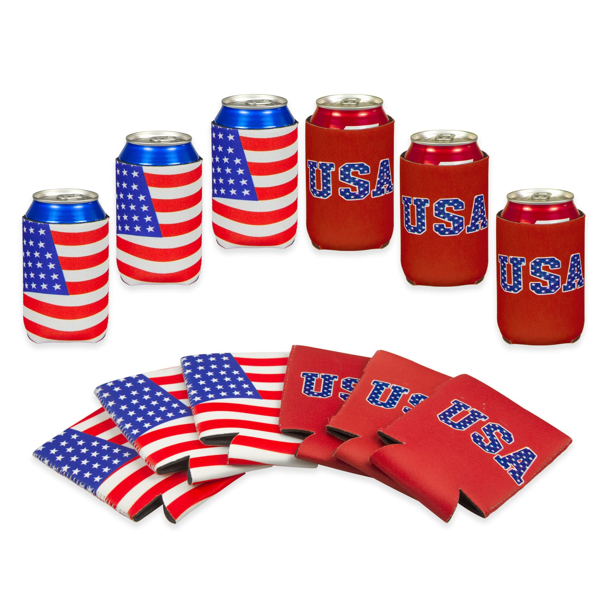 12 PCS Can Cooler Sleeves - American Flag Soda Beer Drink Coolies - Insulated Collapsible Cooler Holder to Glass or Bottle for American Independence Day, National Day (USA Flag Wavy + USA Red)