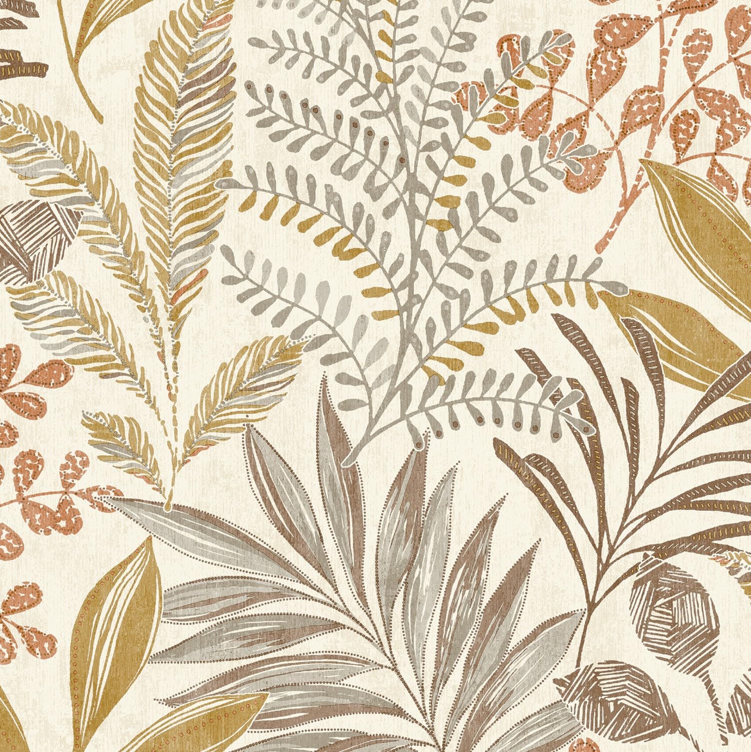 Grandeco Beige Kara Tropical Jungle Foliage Leaves Textured Wallpaper, Neutral