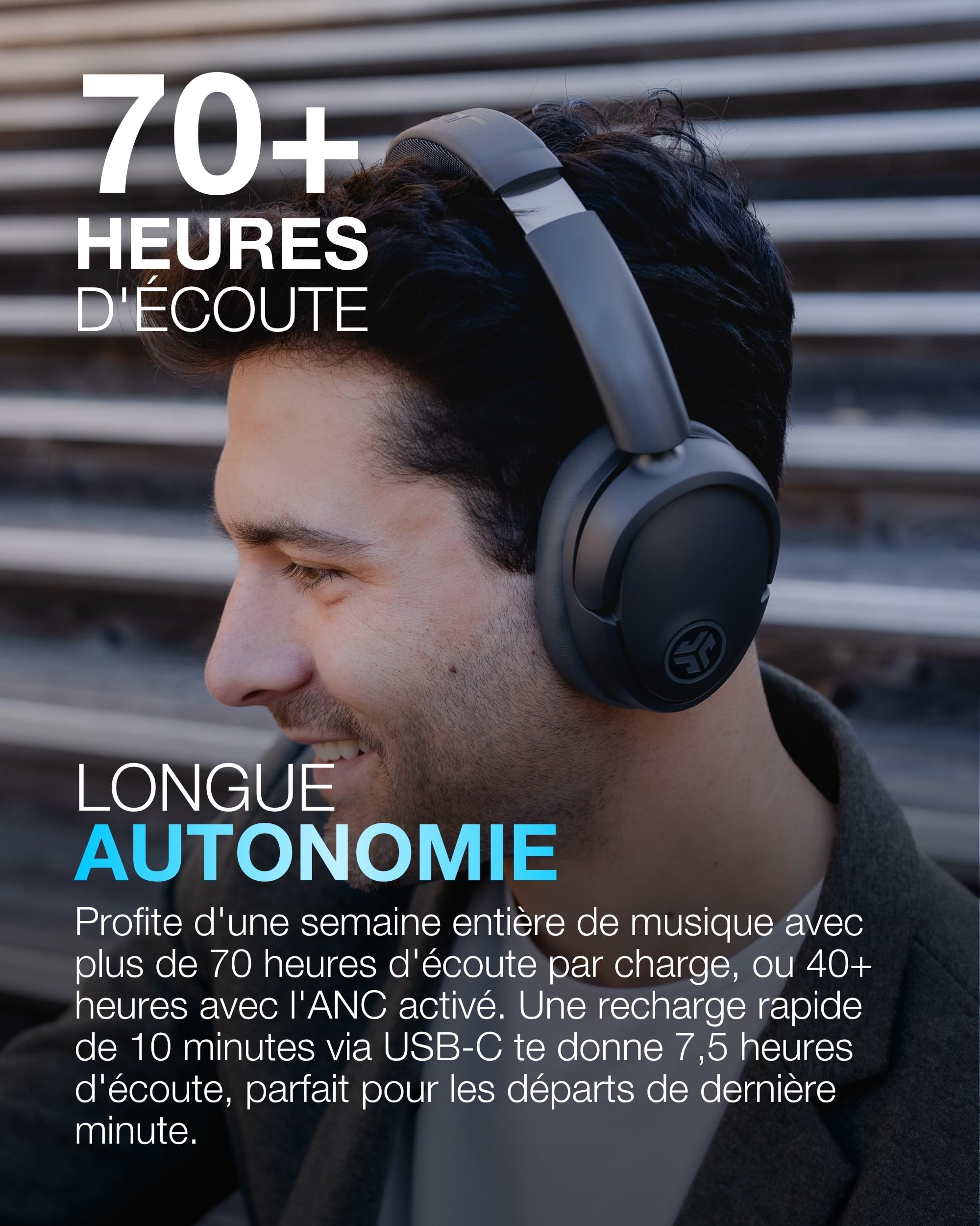 JLab JBuds LUX ANC Casque Audio Bluetooth sans Fil Anti Bruit - Casque Réduction de Bruit Active Supra-Auriculaire avec Micro pour Musique et Voyage, 70+ H d'Autonomie, Pliable, Graphite