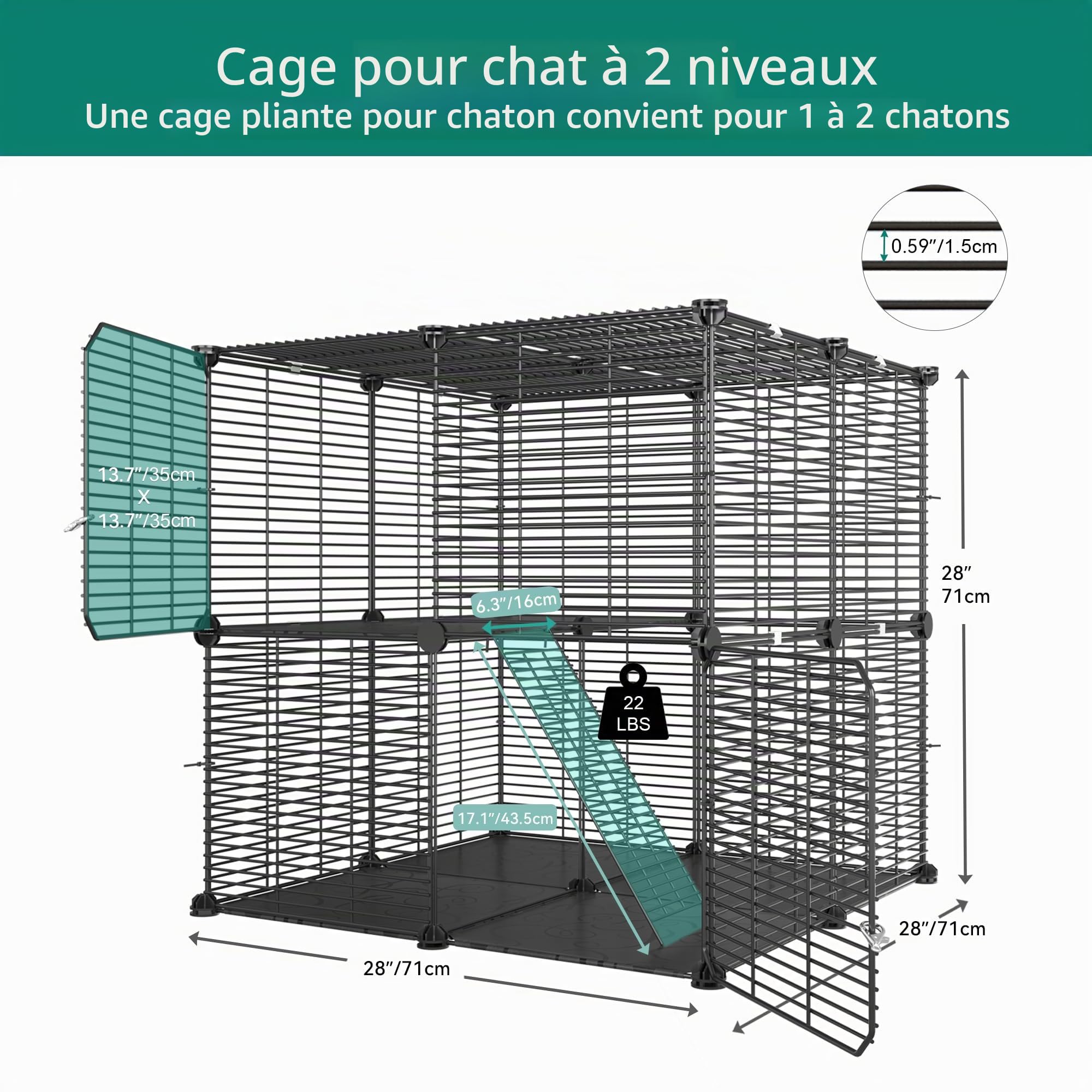 YITAHOME Cage d'intérieur pour Chat à 2 Niveaux à Monter soi-même, Cage pour Chat avec Fil métallique Dense, Parc pour 1 à 2 Chats, furets, Lapins, Petits Animaux, Noir, 71 x 71 x 71 cm