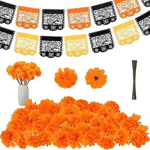 Juego de 52 piezas de decoración del Día de los Muertos, cabezas de flores artificiales de caléndula con tallos de fieltro de mariposa monarca
