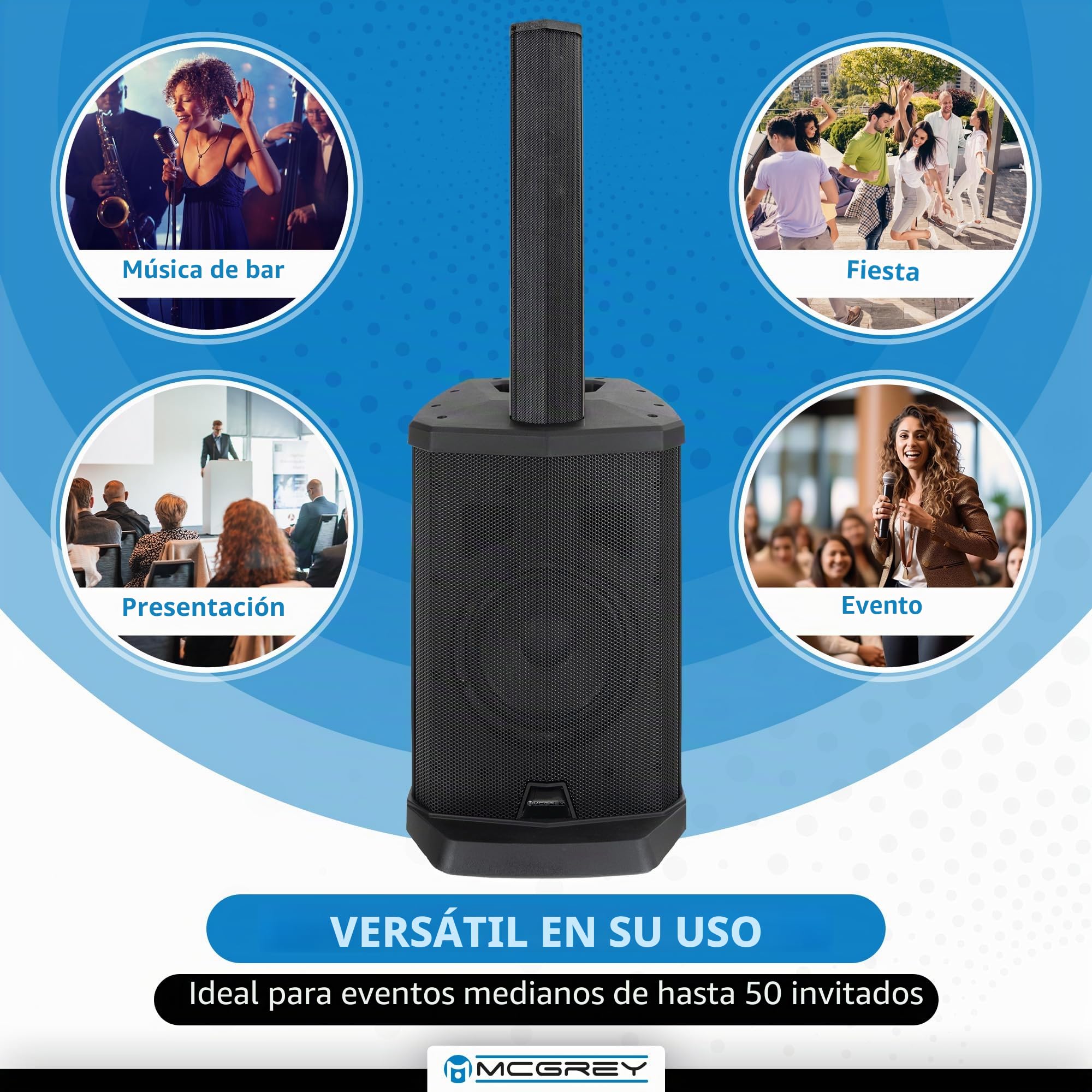 McGrey E-208LA Altavoces de Columna Activa Line Array - Slim Line Sistema PA - 100 vatios - Subwoofer de 8" - 4 Altavoces Full Range de 2,5" - Reproductor Multimedia USB/SD/Bluetooth - Negro