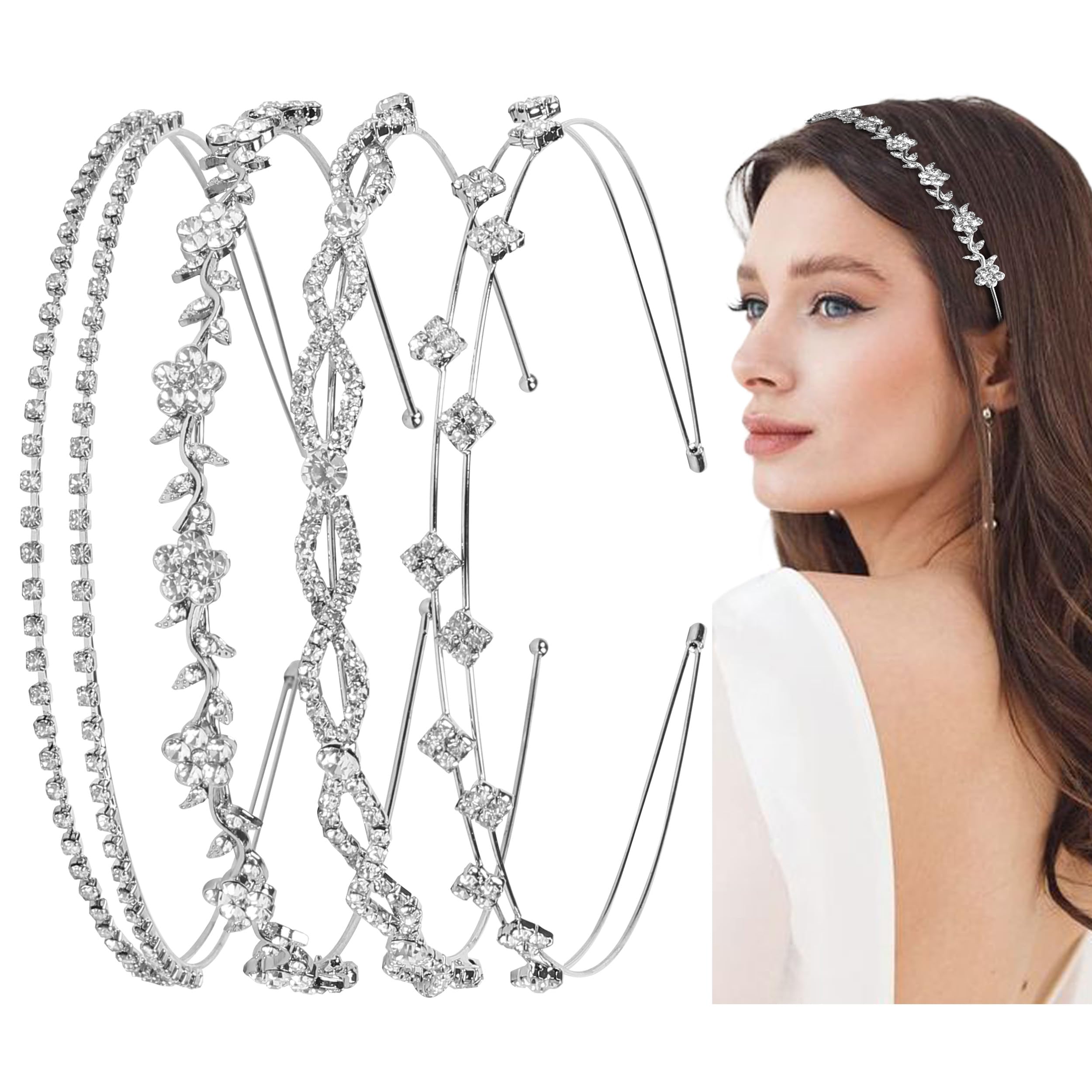 WOVOWOVO 4 Pcs Rhinestone Headbands for Women Silver Bridal Headband Crystal Flower Girl Headpiece Flower Leaf Tiara Crown Head Band Wedding Hair