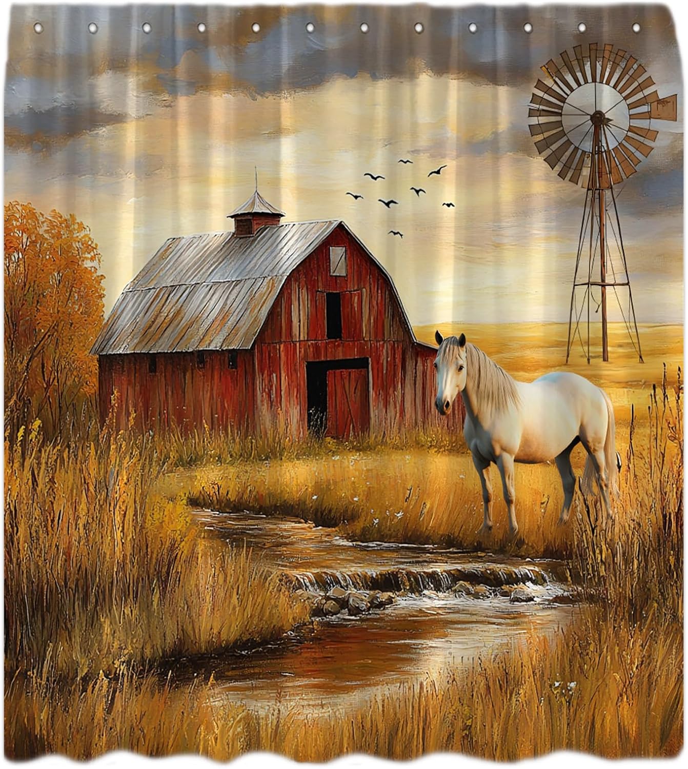 Western Fall Farmhouse Horse Shower Curtain Farm Animal Autumn Wooden Barn Door Windmill Outdoor Country Wildlife Nature Landscape Vintage Art Fabric Bathroom Curtain with Hook