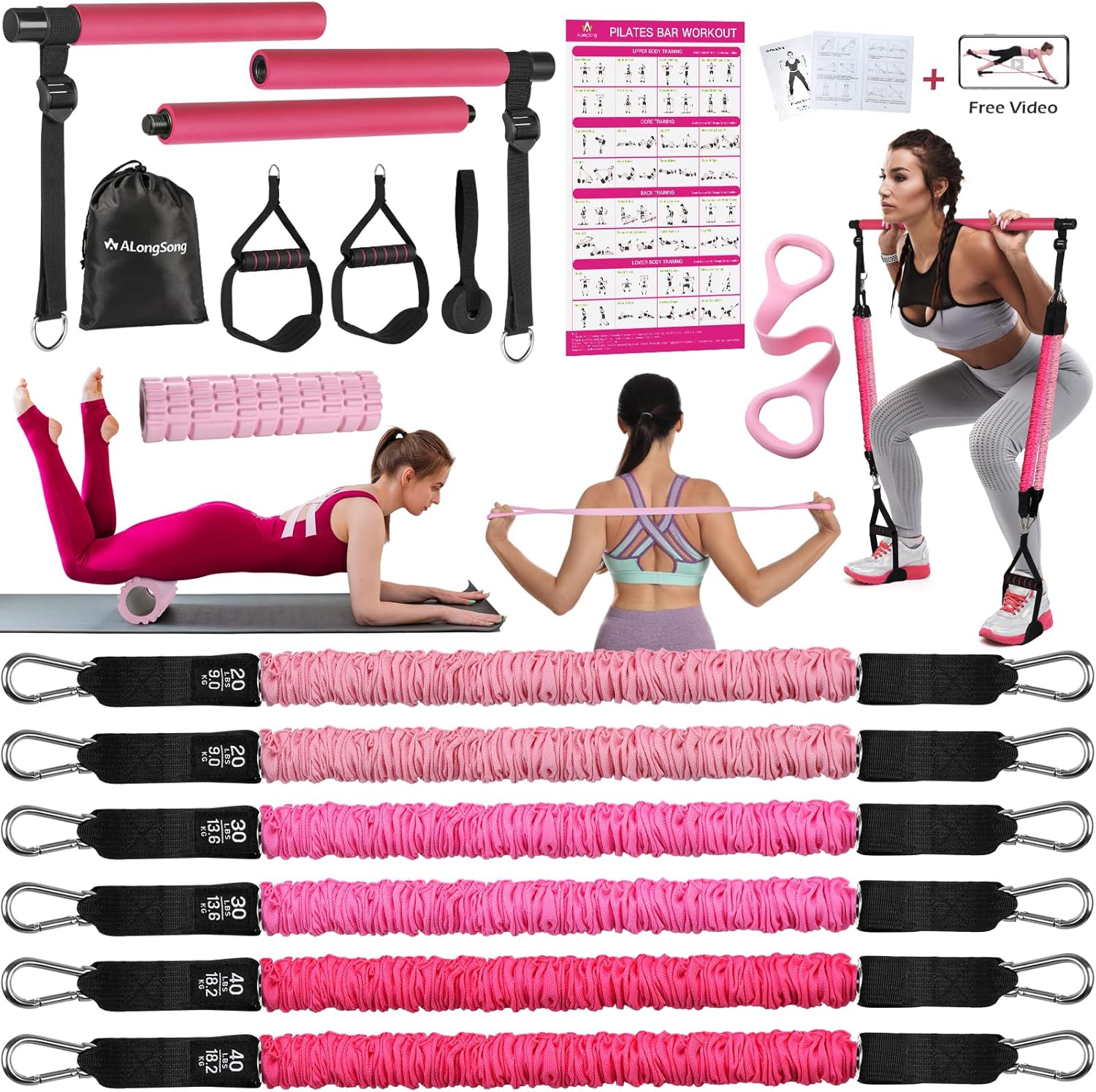 Pilates Bar Kit, ALongSong Gym Bar Kit with 6 Resistance Bands