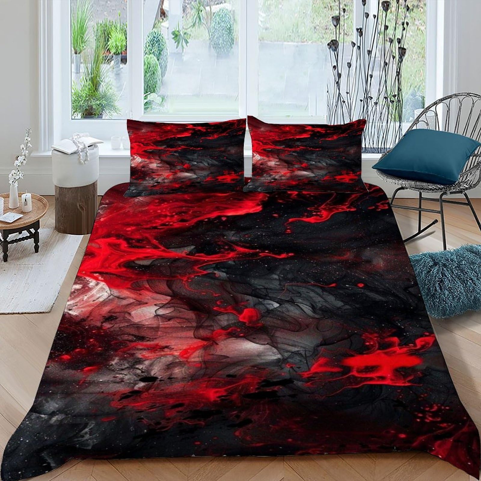 Housse de couette fermeture éclair 220x240 anti-plis en microfibre rouge et noire thème espace