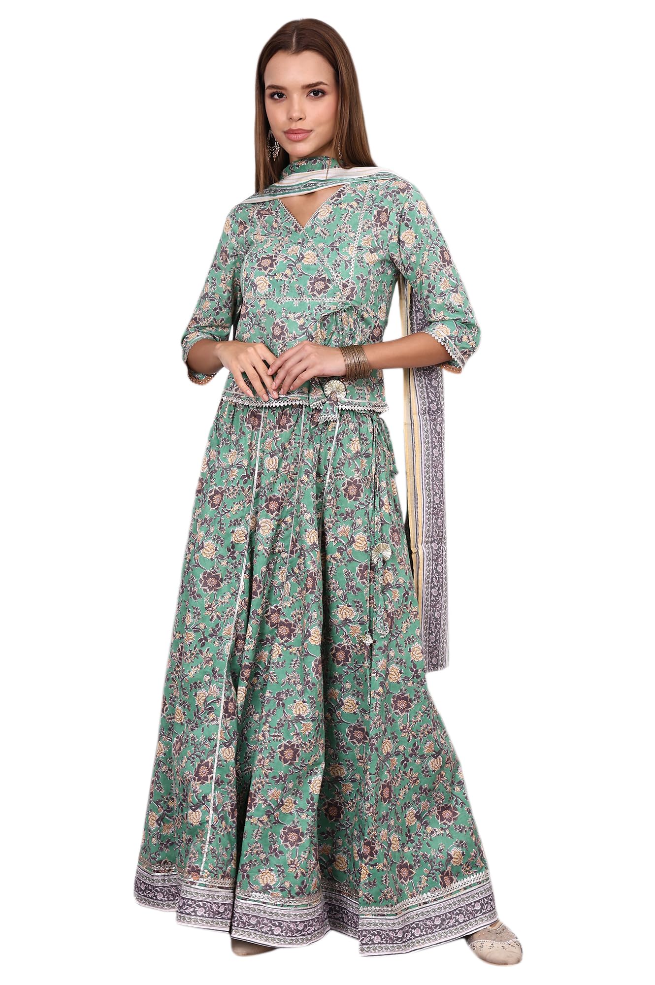 aurelia Women's Green Floral Printed Lace Pure Cotton Straight Top, Skirt and Stole Set-picture-27