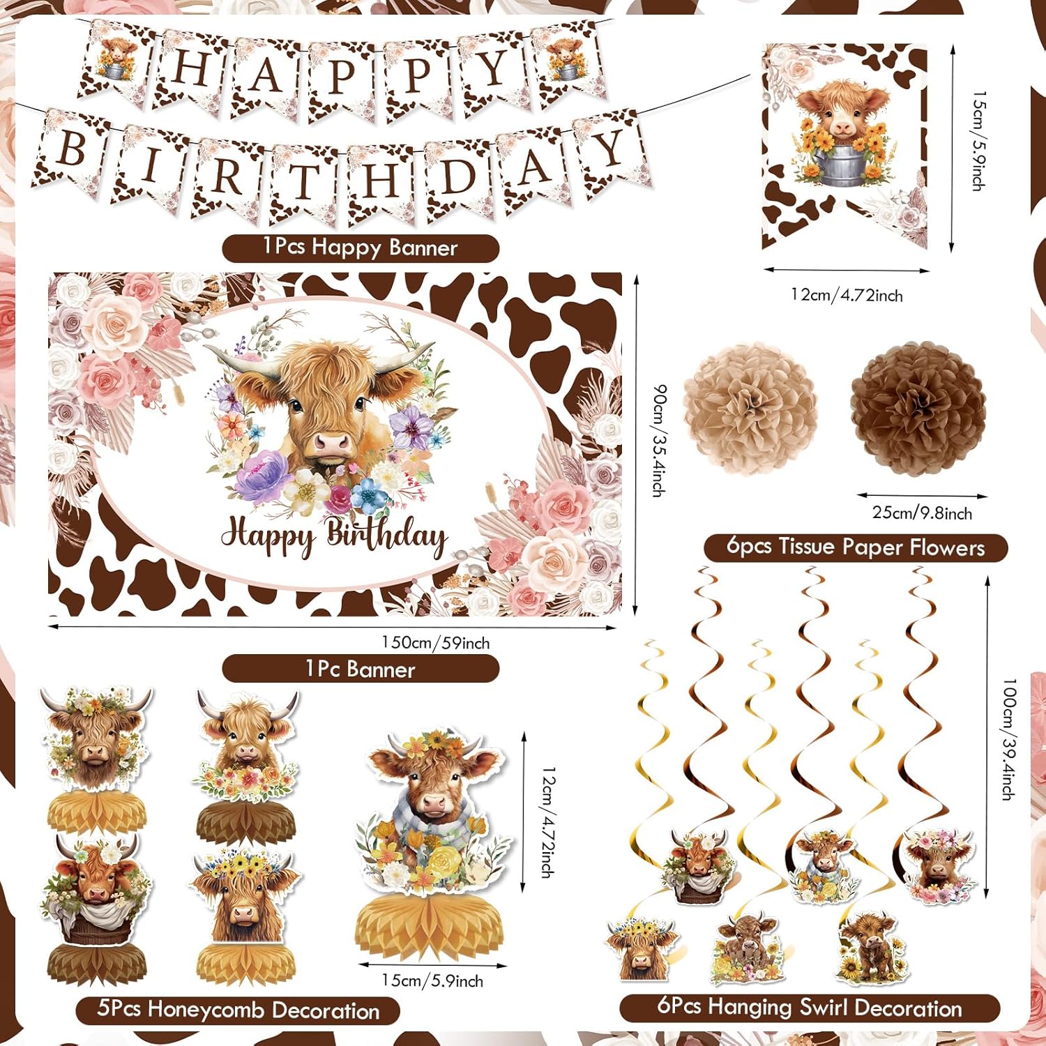 19pcs Highland Cow Birthday Party Decorations for Girls Women Boho Highland Cow Party Supplies with Floral Cows Print Happy Birthday Banner Hanging Swirls Tissue Paper Pom Poms Honeycomb Table Decor