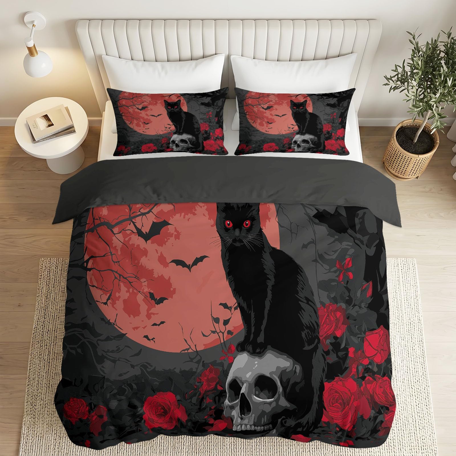 Juego de funda de edredón y funda de almohada de Halloween con diseño gótico rosa, calavera de gato negro, luna roja, ropa de cama de microfibra suave, 260 x 220 cm, reversible, hipoalergénica, para