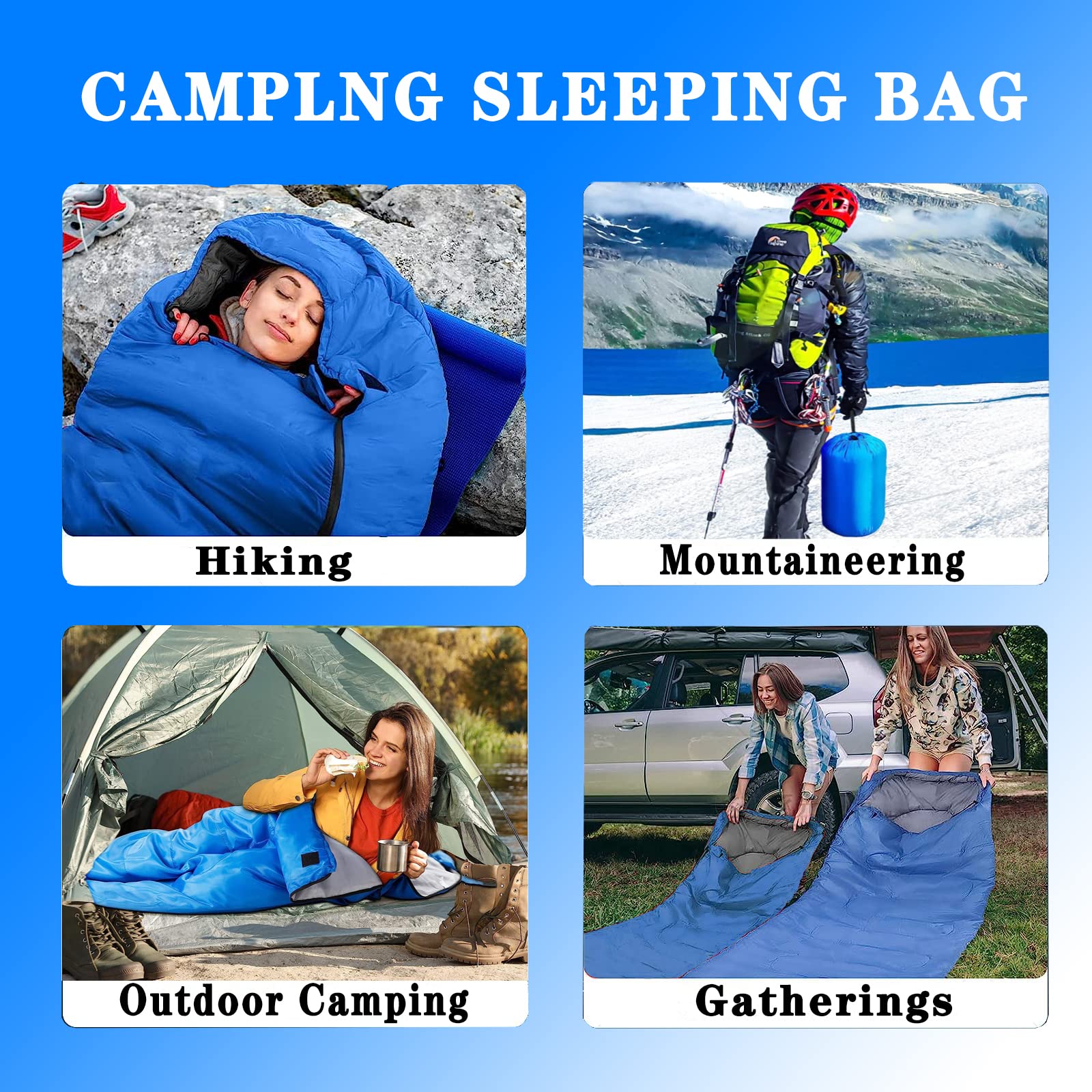 Blauer Tragbarer Schlafsack 4 Jahreszeiten 210 * 75cm mit Kissen, Augenmaske und Ohrstöpsel für Erwachsene und Kinder - Camping, Strand und Wandern