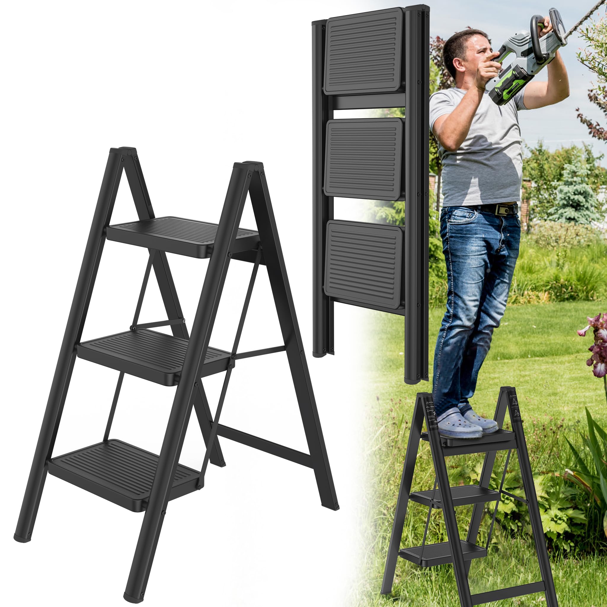HENGMEI Aluminium Step Ladder, 3 Steps, Folding Ladder, Step Stool, Non-Slip Stepladder, Household Ladder with Non-Slip Pedal, Multifunctional Step Ladder, 150 kg Load Capacity