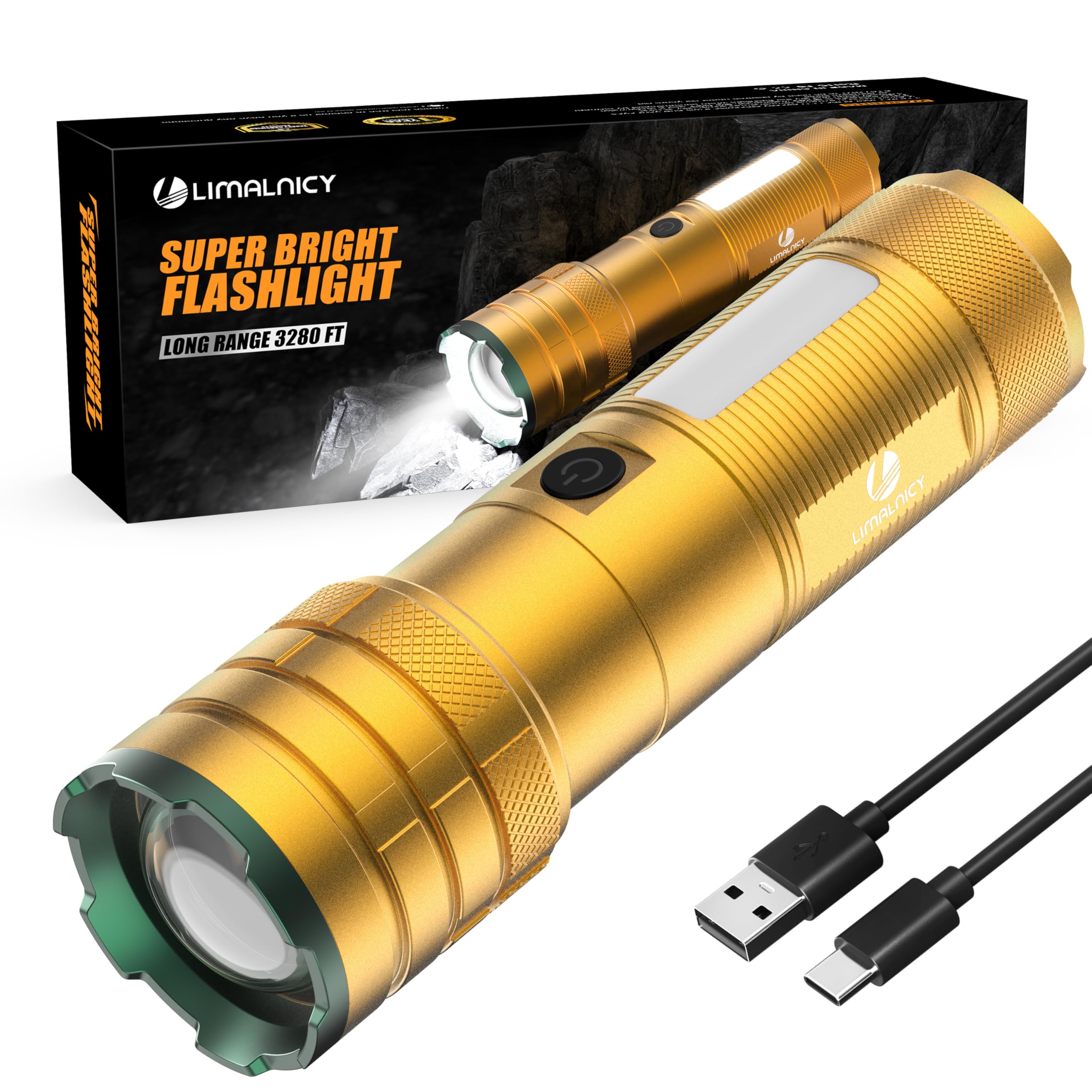 limalnicy Rechargeable Flashlights High Lumens 10000 Long Lasting, 4 Modes with Side COB Light, Super Bright LED Flashlight USB C Input & Output,