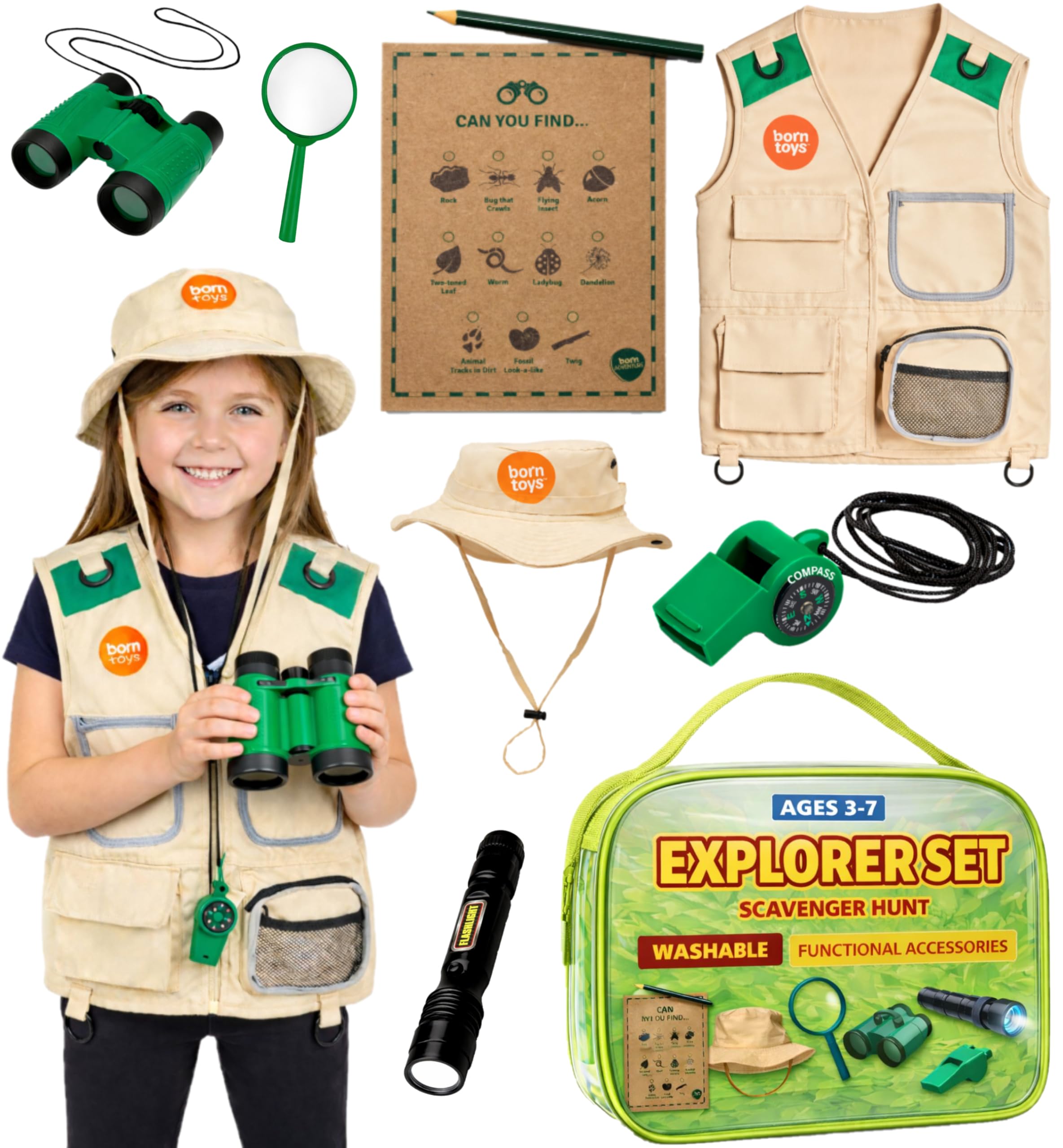 Born Toys Explorer Kit for Kids Children's Toy with Washable Premium Backyard Safari Vest and Adventure kit or Paleontologist Costume Full Kids Explorer Set