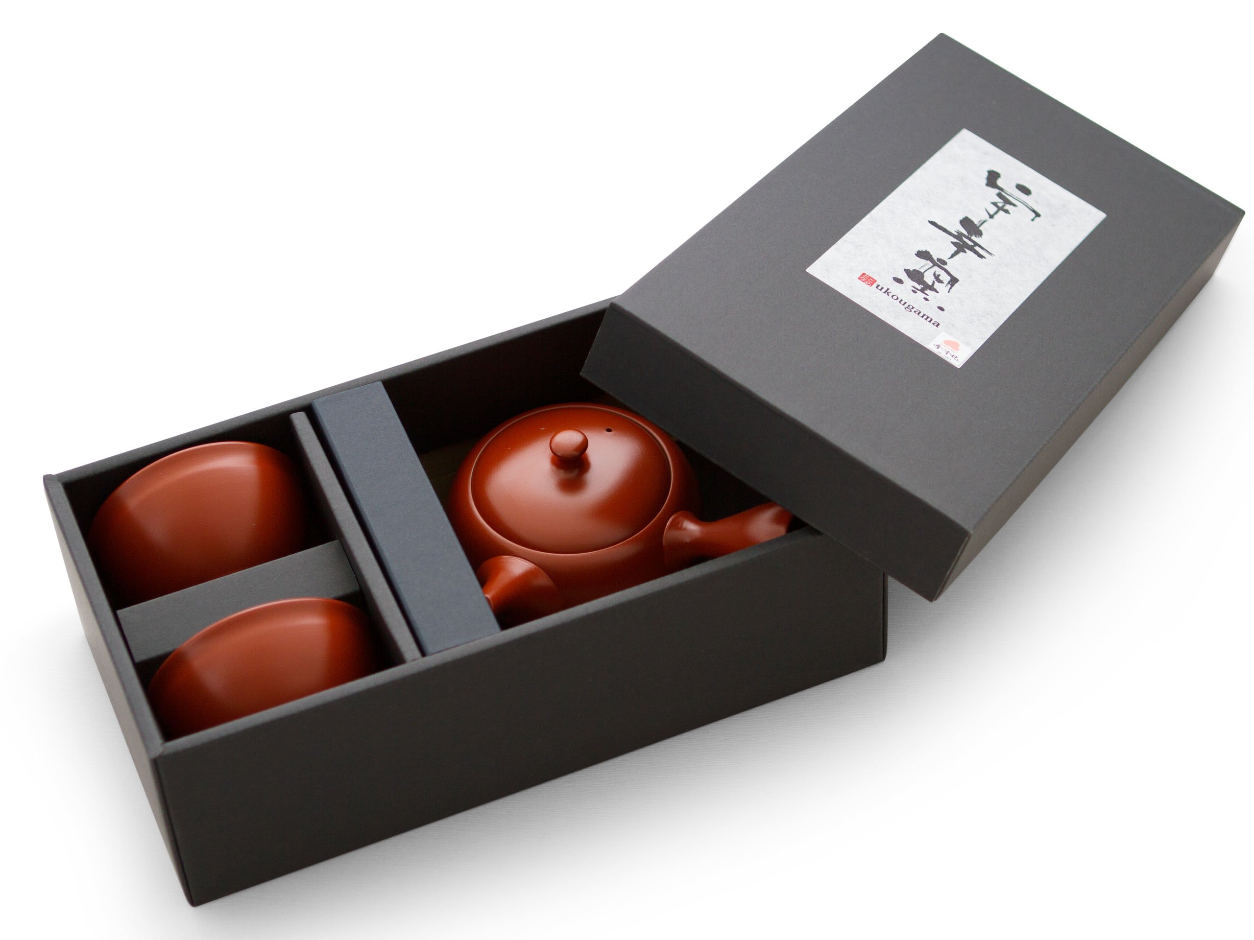 Original japanische Teekanne, Kyusu, mit 2 Becher: Shudei Kyogata. Integriertes Tee-Sieb aus Edelstahl. Echt japanisches Tee-Set aus natürlichem Tokoname-Ton in schöner Geschenk-Box…