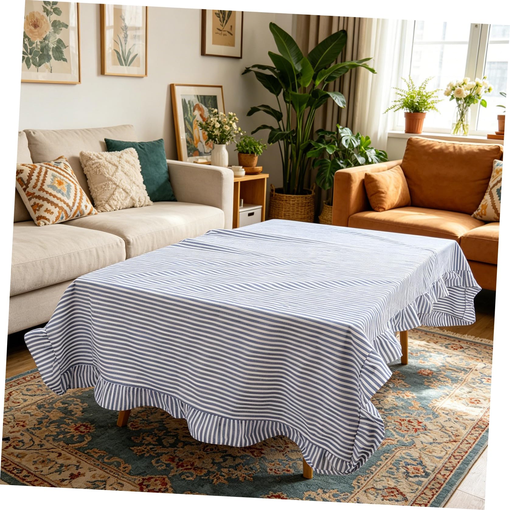 Mantel Lavable y Resistente al Desvanecimiento 60x120 Pulgadas Estilo Granja de Algodón Volantes Azul y Blanco para Mesa Rectangular Adecuado para Comedor y Fiestas