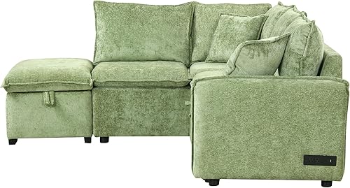 Miniatura 4 de FANYE Sofá modular tapizado de felpilla en forma de L, práctico sofá cama convertible con sofá cama extraíble, otomana de almacenamiento y puertos