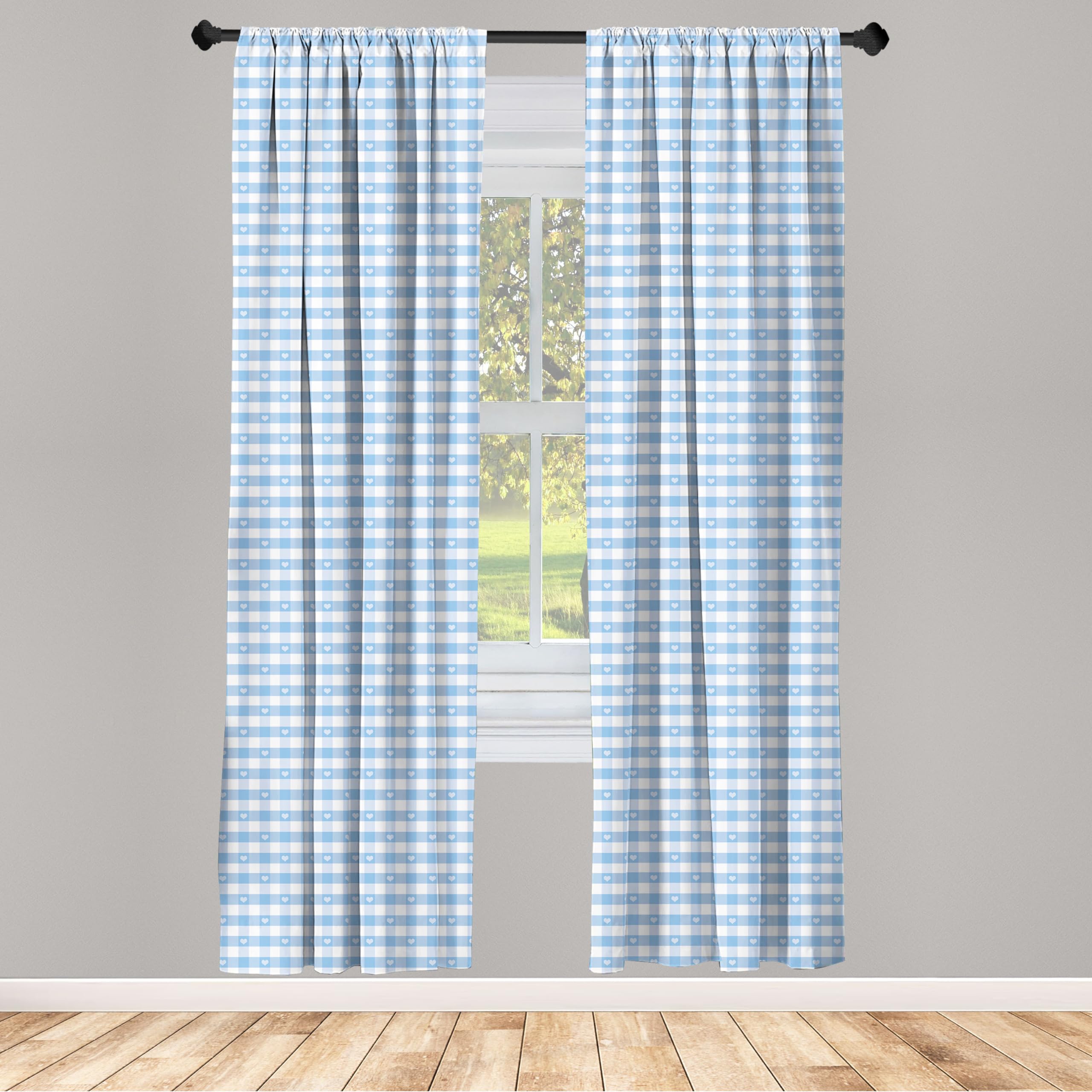 Ambesonne Checkered Curtains, Gingham Motif with Little Hearts Pastel Blue Shower Theme, Window Treatments 2 Panel Set for Living Room Bedroom, Pair of - 28