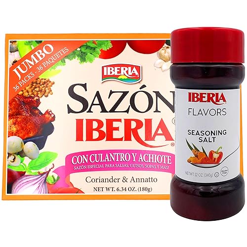 Sazon Iberia con cilantro y achiote 6.34 onzas (36 paquetes) + sal condimentadora Iberia 12 onzas