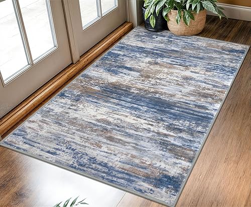 KOZYFLY  Alfombra moderna abstracta de 3 x 5 pies, color azul y óxido, lavable, antideslizante, resistente a las manchas y de pelo corto, ideal para