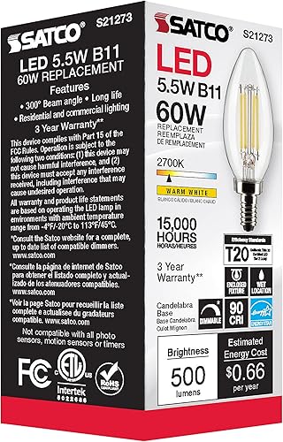 Miniatura 7 de Satco Bombillas LED E12 de 55 vatios 2700 K clasificación de 15000 horas regulable paquete de 6